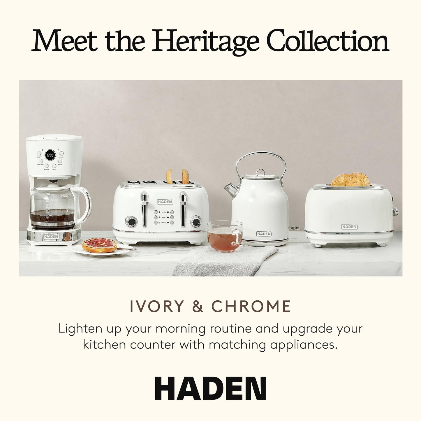 Haden Heritage 1.7 Liter Stainless Steel Electric Kettle, Hot Water Kettle with 360-Degree Base and Auto Shutoff, Ivory & Chrome