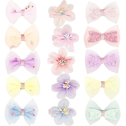 Tulle Glitter Hair Bows for Girls, BETITETO 15 Pieces Cute Handmade Flower Rhinestone Alligator Hair Clips Non-slip for kids Women