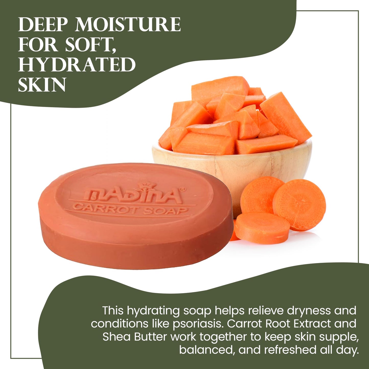 Madina Carrot Soap Bar - Carrot Seed Oil & Shea Butter, Moisturizing, Anti-Aging, Skin Tone & Elasticity, Vegetable-Based, Halal, Gentle Cleanser, 6