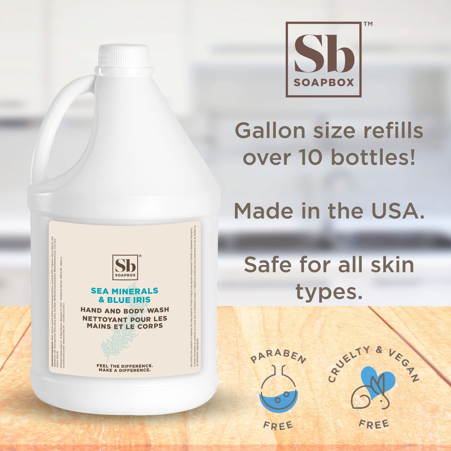Soapbox Liquid Hand Soap & Body Wash, Sea Minerals & Blue Iris - Gentle, Moisturizing Hand & Body Cleanser, Vegan, Cruelty Free Hand Soap Refill