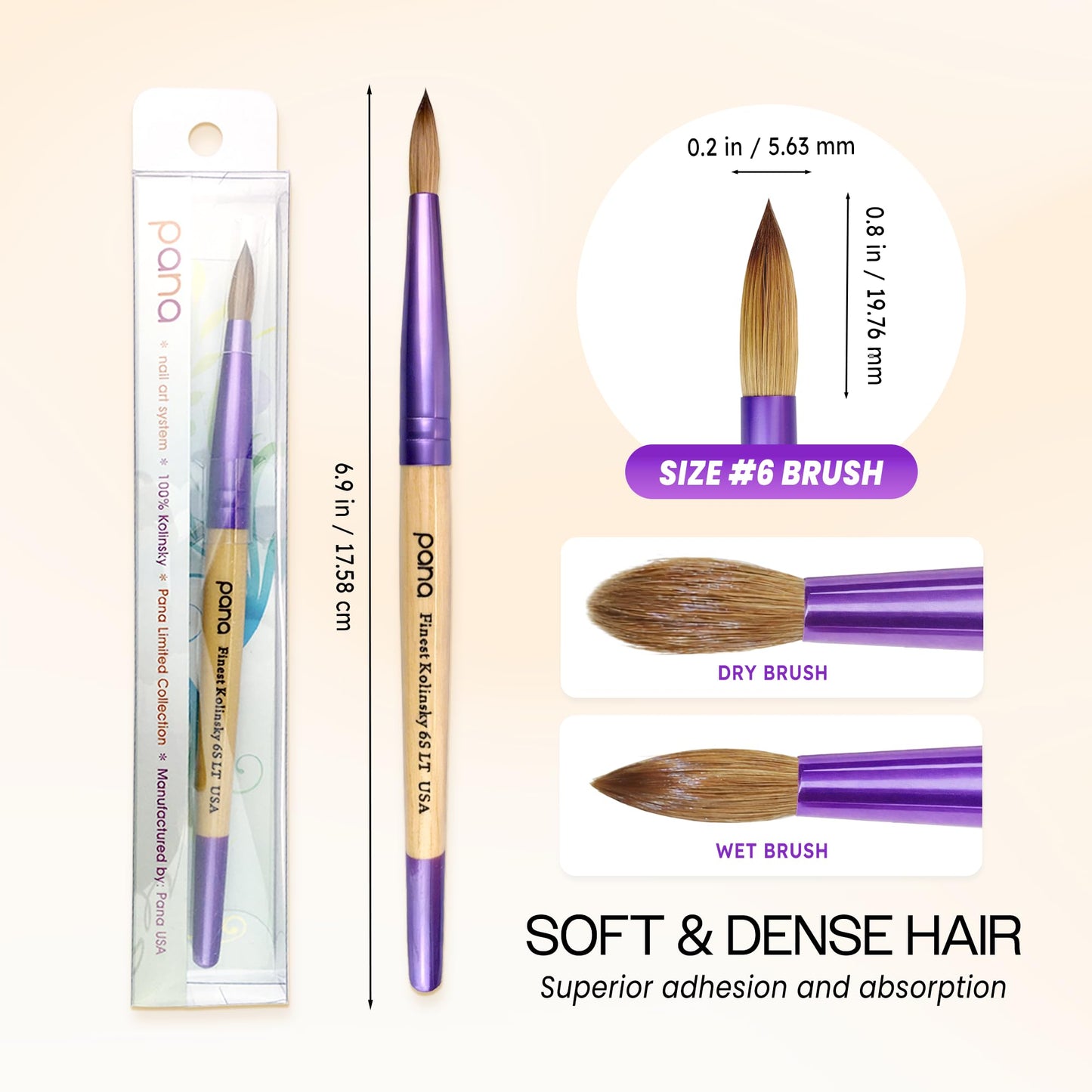 Pana Acrylic Nail Brush Pure Kolinsky Hair Beige Purple Wood Handle with Purple Ferrule Round Shaped Style (Size # 6) Beauty & Personal Care PANA