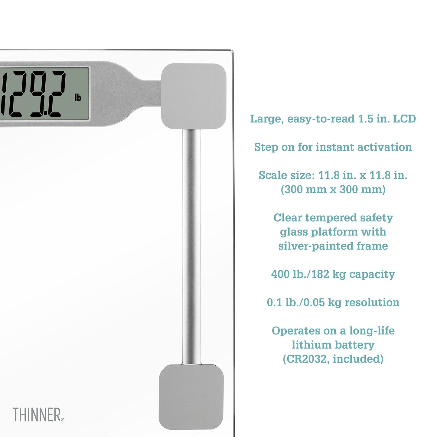 Thinner by Conair Scale for Body Weight, Digital Bathroom Scale in Clear Tempered Glass