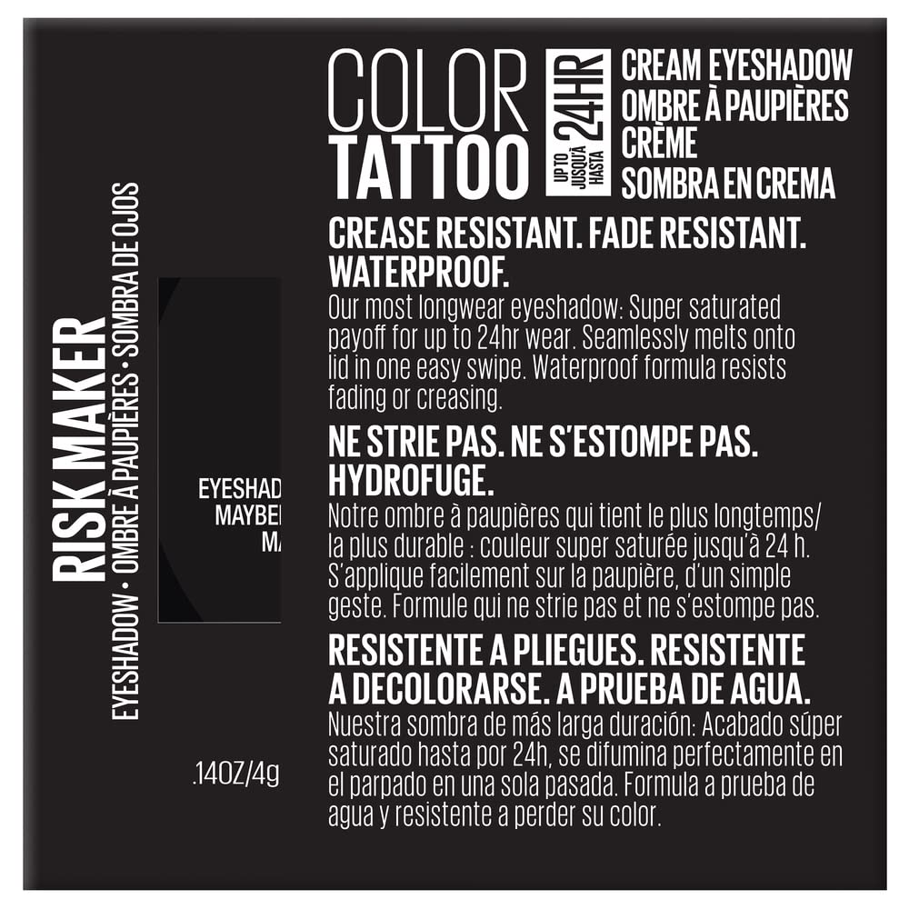 Maybelline New York Color Tattooup to 24HR Longwear Waterproof Fade Crease Resistant Blendable Cream Eyeshadow Pots Makeup, Risk Maker, 0.14 Oz