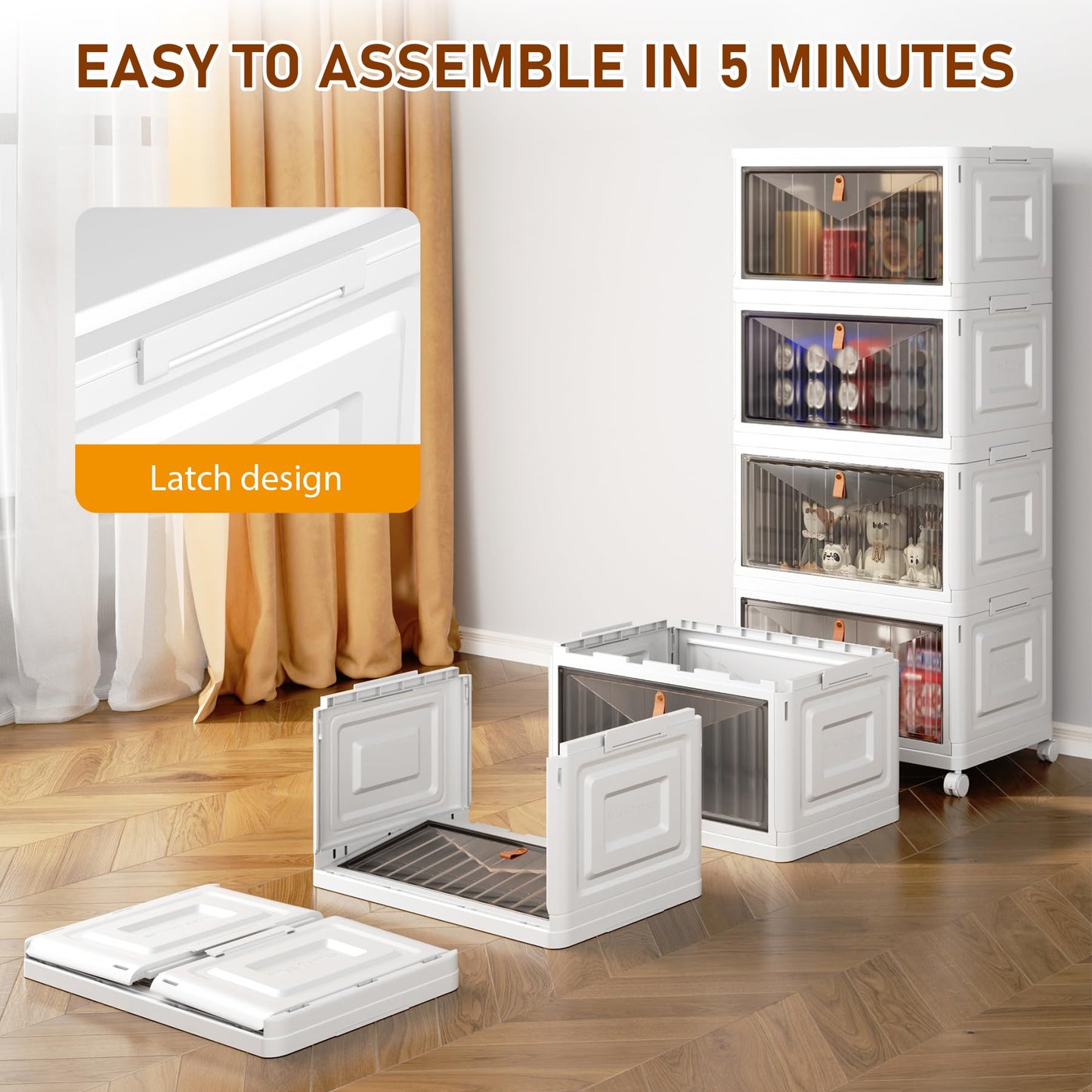 4 Tier Storage Bins with Lids, 23QT Stackable Closet Organizers and Storage with Wheels, Collapsible Storage Boxes, Foldable Plastic Storage…