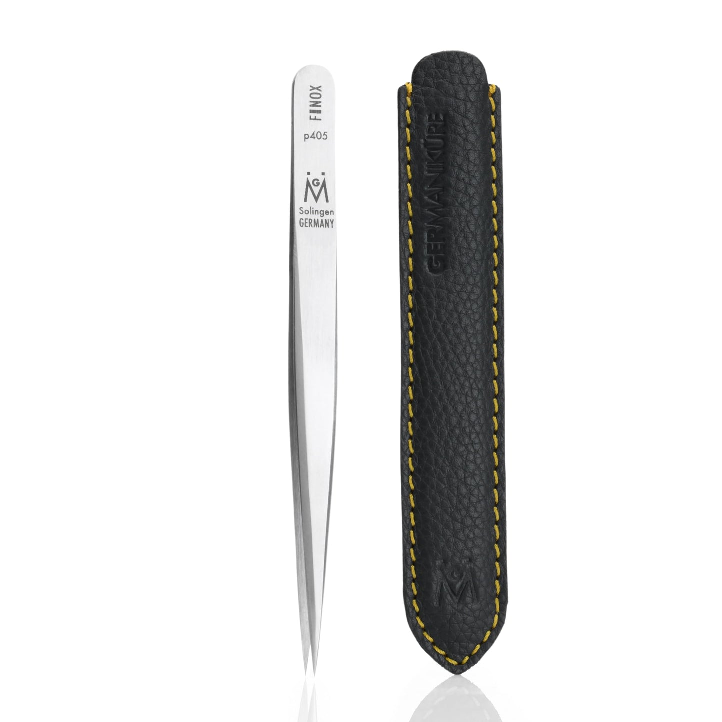 GERMANIKURE Professional Wide Grip Pointed Tweezers - FINOX Stainless Steel Sharp Professional Tweezers in Leather Case - Easy to Use - Ethically Made