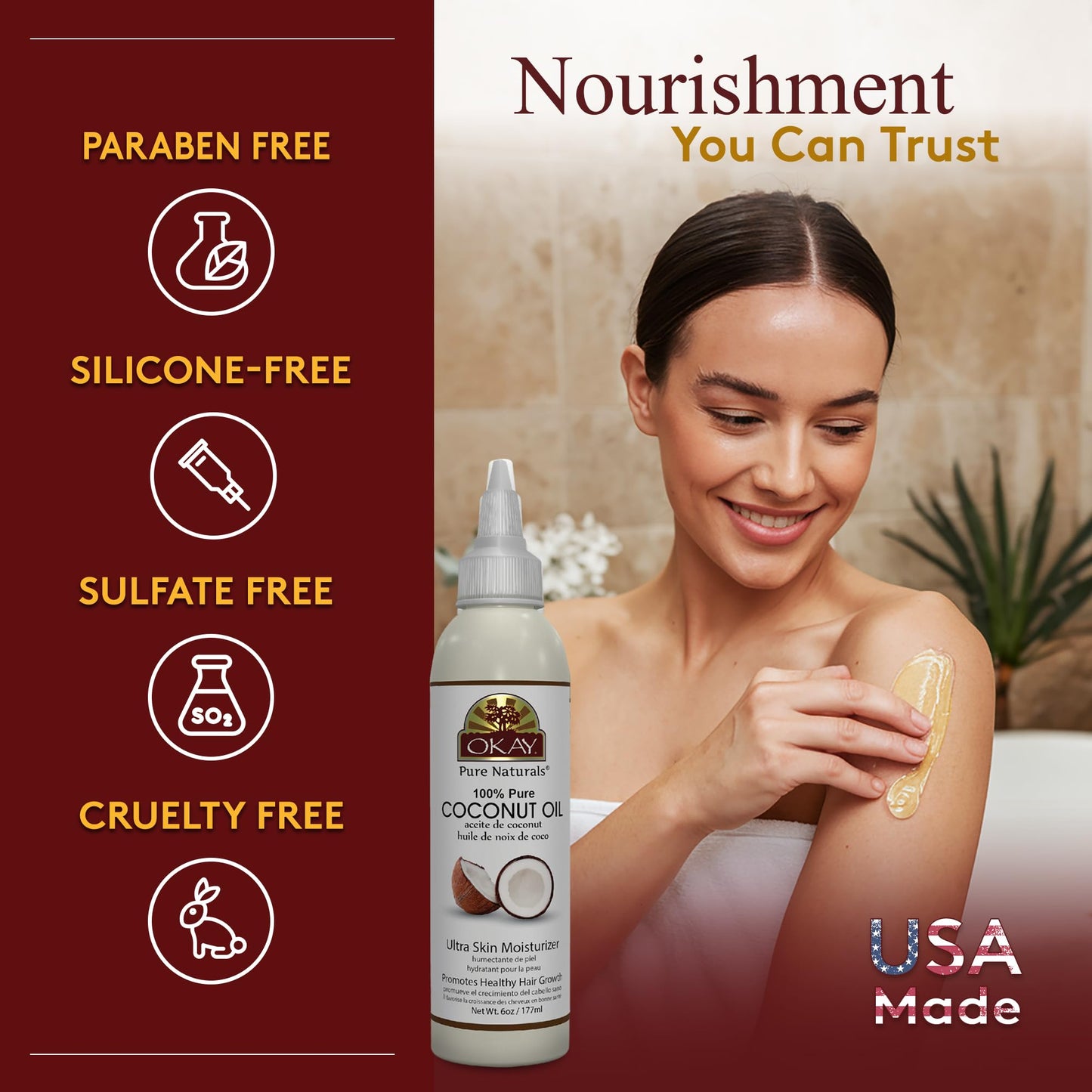 OKAY 100% Pure Coconut Oil for Hair & Skin - Coconut Oil for Women & Men, Perfect for Body & Face, for Massage & Moisturizer, Natural - 6 Fl Oz