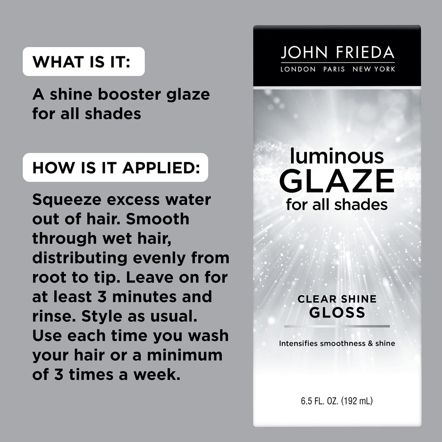 John Frieda Luminous Glaze Clear Shine Gloss, Anti-Fade, Color Enriching Gloss, Safe for Color Treated Hair, 6.5 Ounces