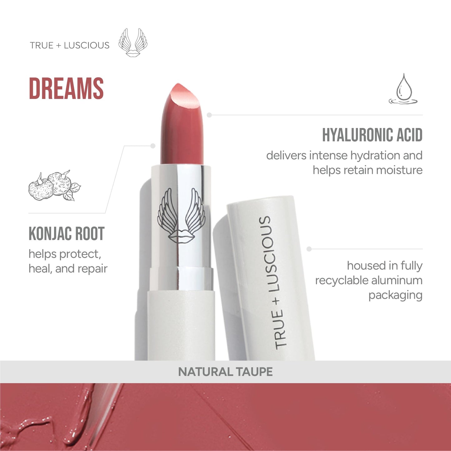 True + Luscious Super Moisture Lipstick | Satin Cream Lip Color for Lasting Hydration | Hyaluronic Acid Konjac Root Powder | Vegan Cruelty-Free