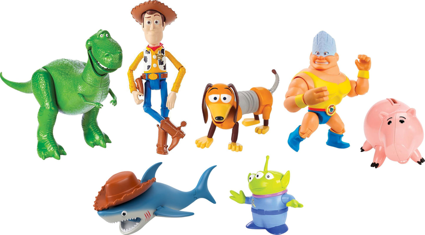 Mattel Disney and Pixar Toy Story Set of 7 Action Figures with Woody, Slinky, Rex, Hamm, Alien, Rocky & Shark, Disney100 Collectible