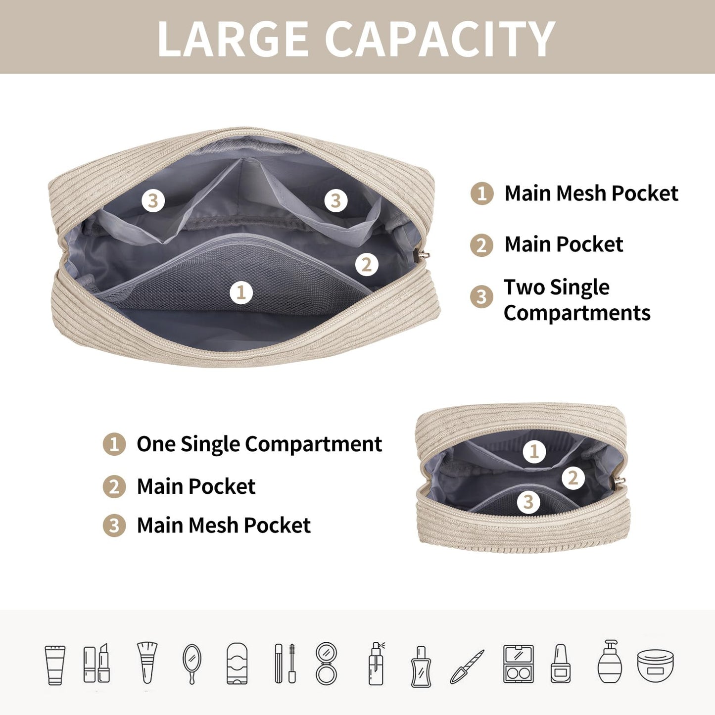 MAGEFY Small Makeup Bag for Purse Mini Cosmetics Bag Corduroy Cute Cosmetic Pouch for Women with Slip-in Pockets (Beige) Beauty and Personal Care MAGEFY