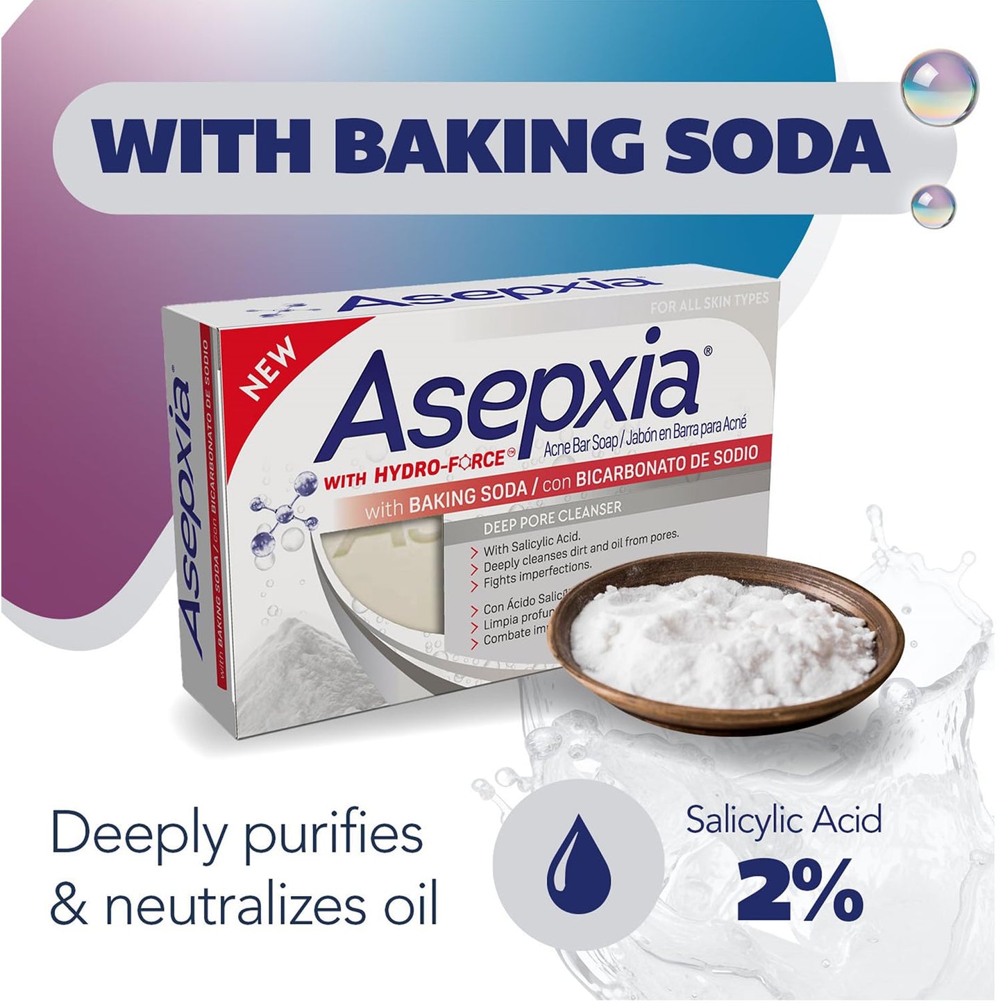 Asepxia Acne Treatment Bar Soap with Baking Soda | Face Wash, Deep Cleansing, Natural Extracts, Gentle Daily Use, 1.8% Salicylic Acid for Pimples