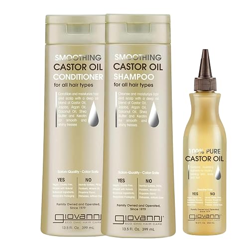 GIOVANNI Castor Oil Trio - Shampoo, Conditioner, & Castor Oil, All Hair Types, Moisturize Hair & Scalp, Hydrate & Tame Frizz, Jojoba, Argan Oil