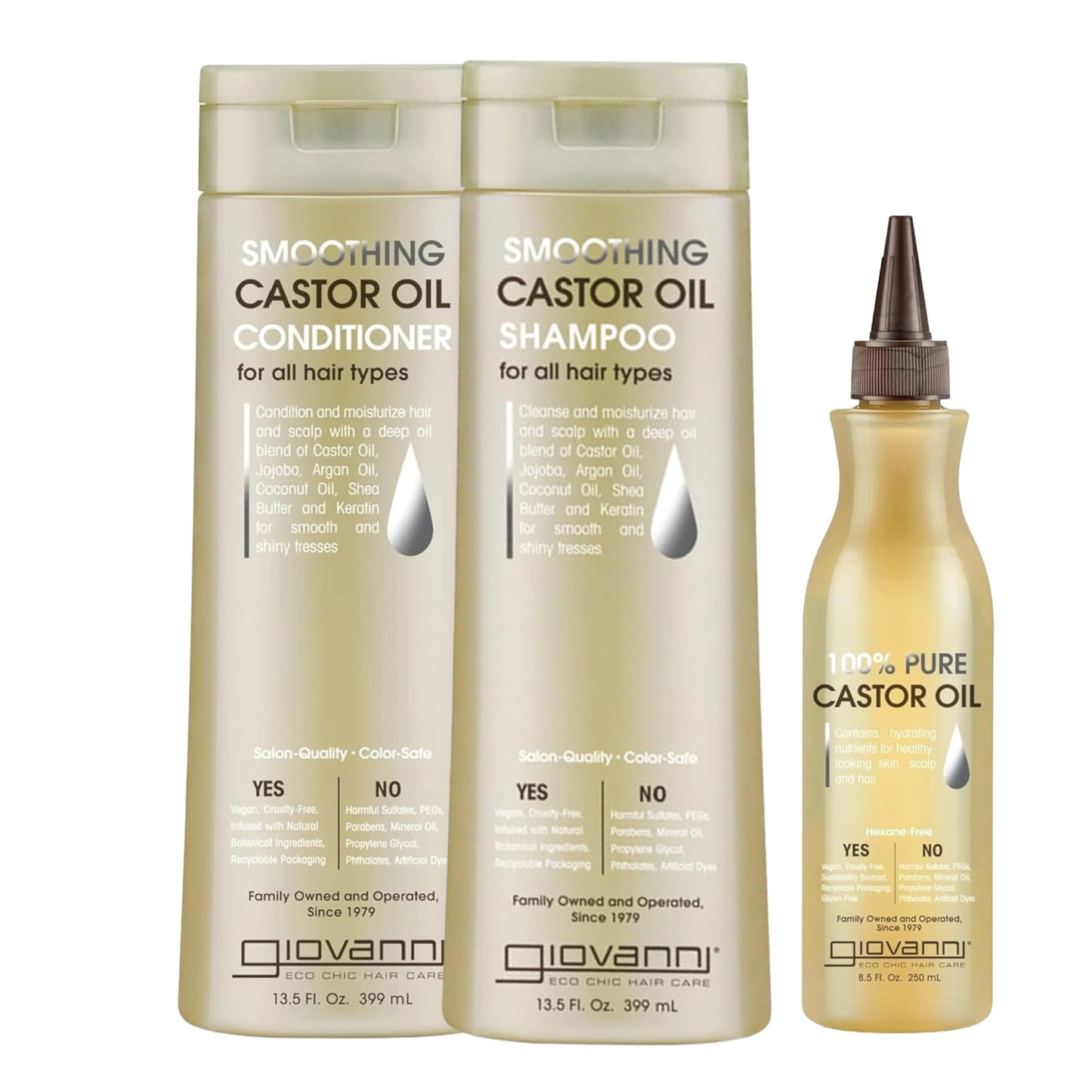 GIOVANNI Castor Oil Trio - Shampoo, Conditioner, & Castor Oil, All Hair Types, Moisturize Hair & Scalp, Hydrate & Tame Frizz, Jojoba, Argan Oil