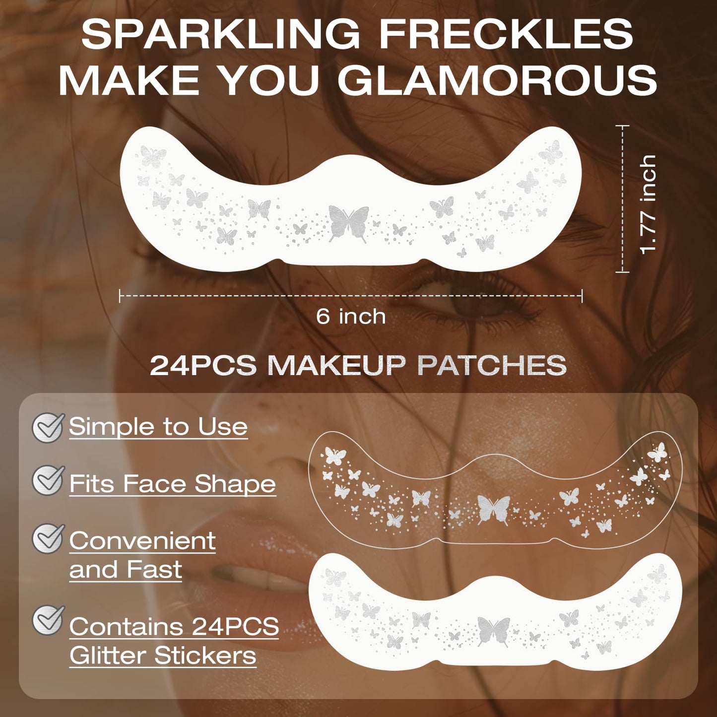 Leterly 24 Pcs Glitter Freckles Face Tattoo,Silver Face Glitter Makeup Patches Cute Sparkle Freckles Patches Waterproof Makeup Speckles for Face