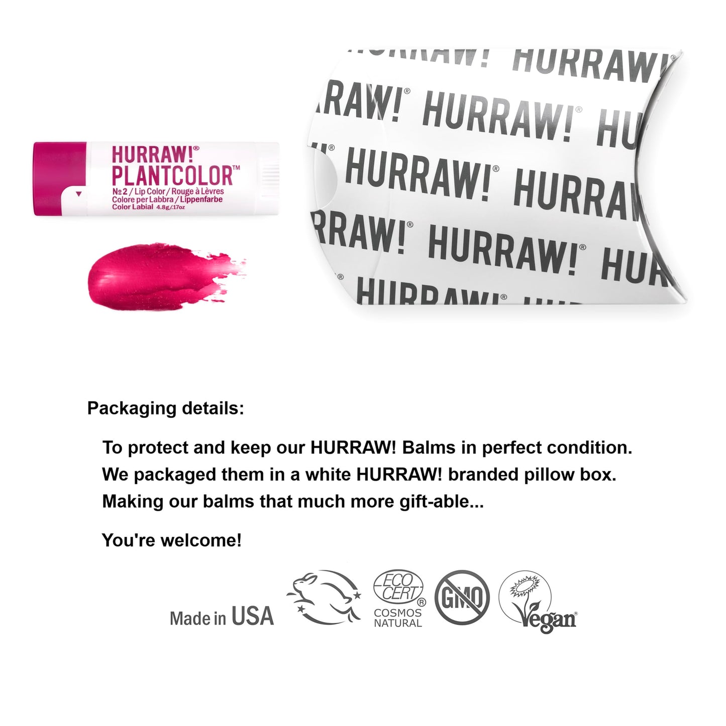 Hurraw! Plantcolor Lip Color No. 2: Red/Purple shade. Highly pigmented tinted balm and lipstick alternative. Vegan and all-natural. Easy application.