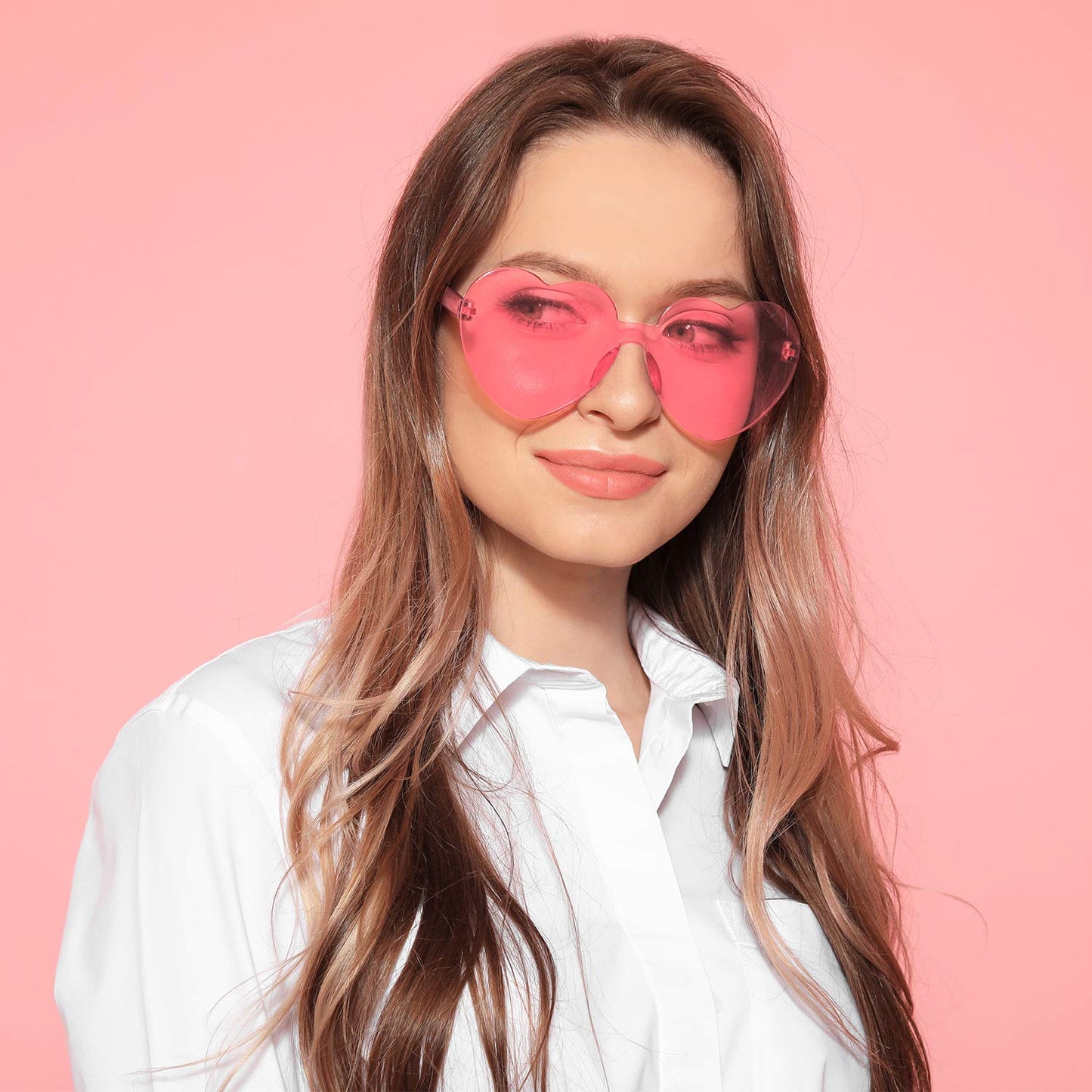 Gejoy 4 Pieces Heart Shaped Sunglasses for Women Men Valentine Gift Frameless Glasses(Light Pink)