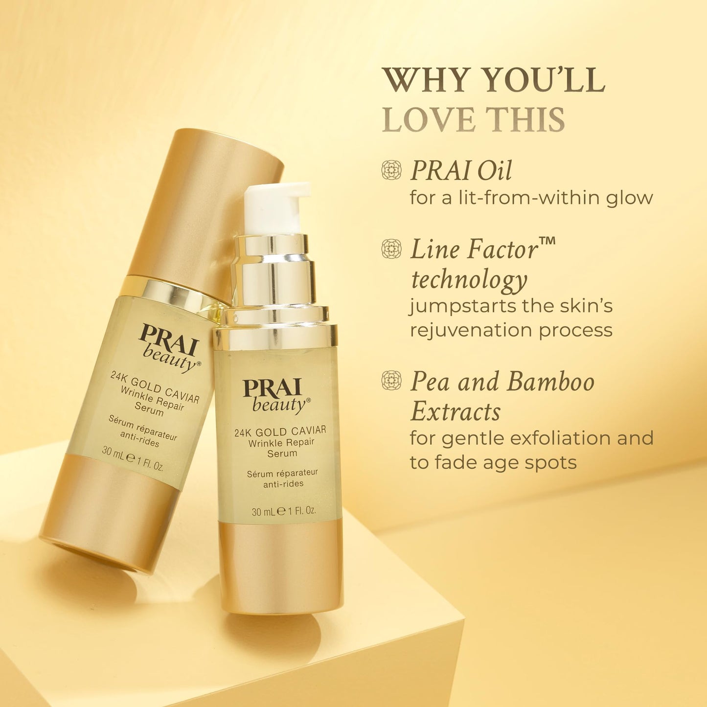 PRAI Beauty 24K Gold Caviar Wrinkle Repair Serum for Face | Anti-Aging Serum with Hyaluronic Acid to Plump and Fill In Wrinkles | Anti-Wrinkle Serum