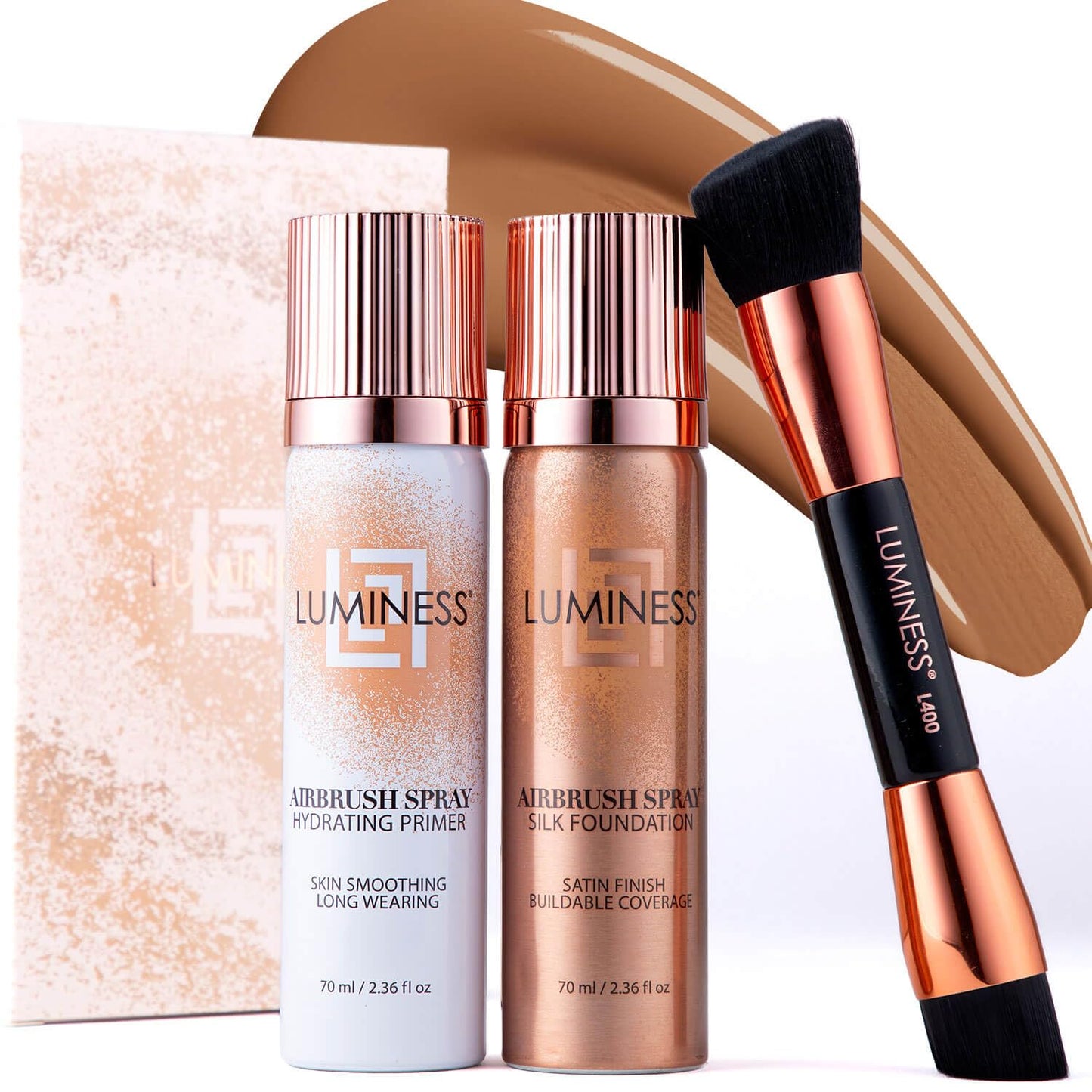 LUMINESS Airbrush Spray Silk Foundation Starter Kit - Tan - Foundation, Primer & Dual-Sided Angled Buffing Brush - Medium, Buildable Coverage