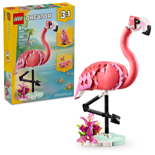 LEGO Creator 3 in 1 Wild Animals Pink Flamingo 31170, Build Flamingo, Cockatoo or Axolotl, Fun Animal Building Toy for Kids Ages 8+