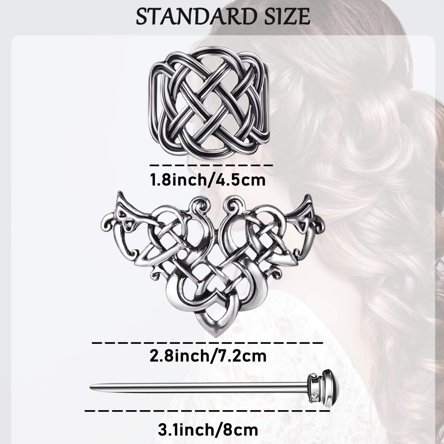 WILLBOND 2 Pieces Viking Celtic Hair Clips Hairpins Viking Silver Hairs Stick Celtic Knot Jewelry Hair Clips for Ladies or Women