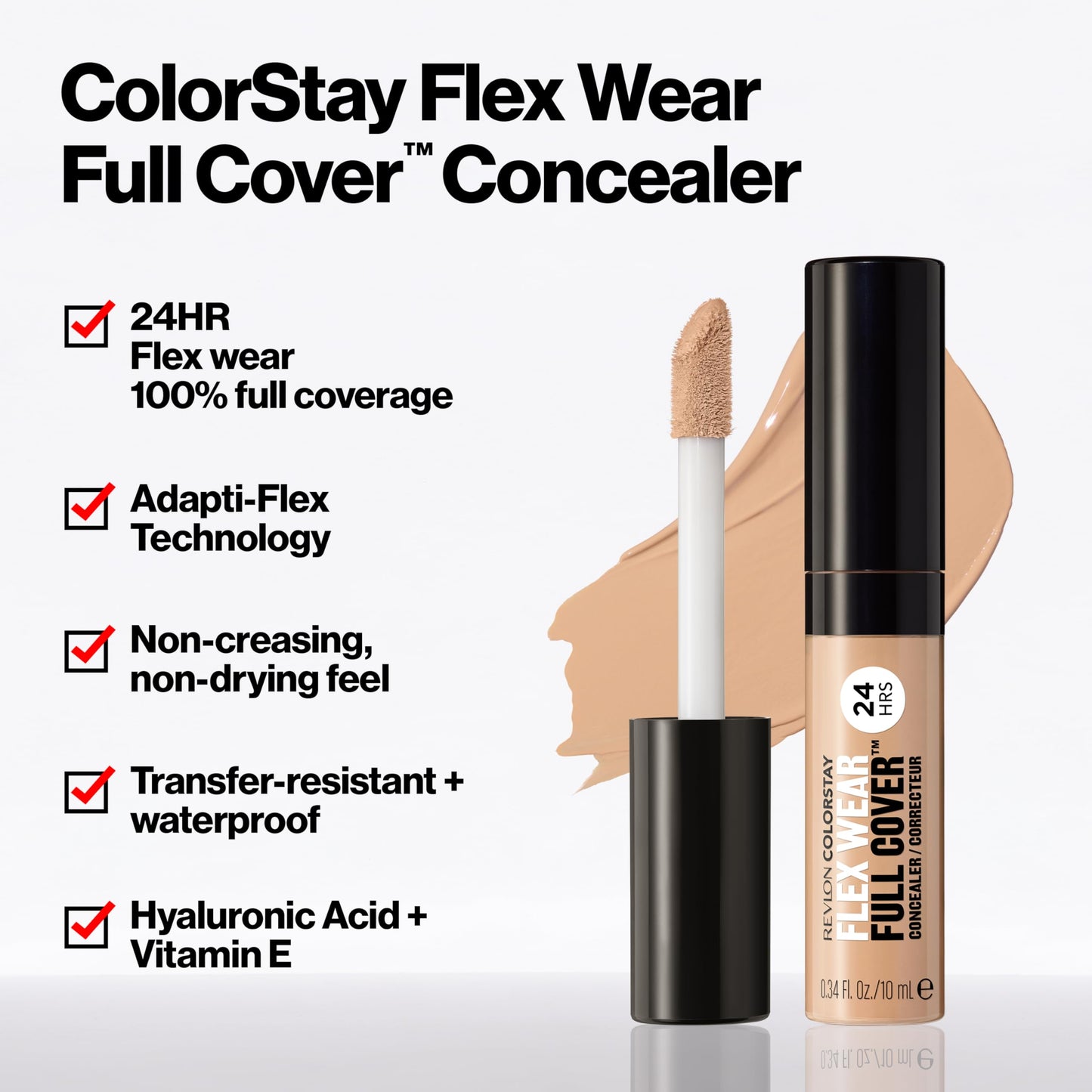 Revlon ColorStay Flex Wear, Full Cover Non-Creasing Concealer, Infused with Hyaluronic Acid & Vitamin E, Flexible Longwear, 076 Caramel, 0.34 Fl Oz Beauty and Personal Care REVLON