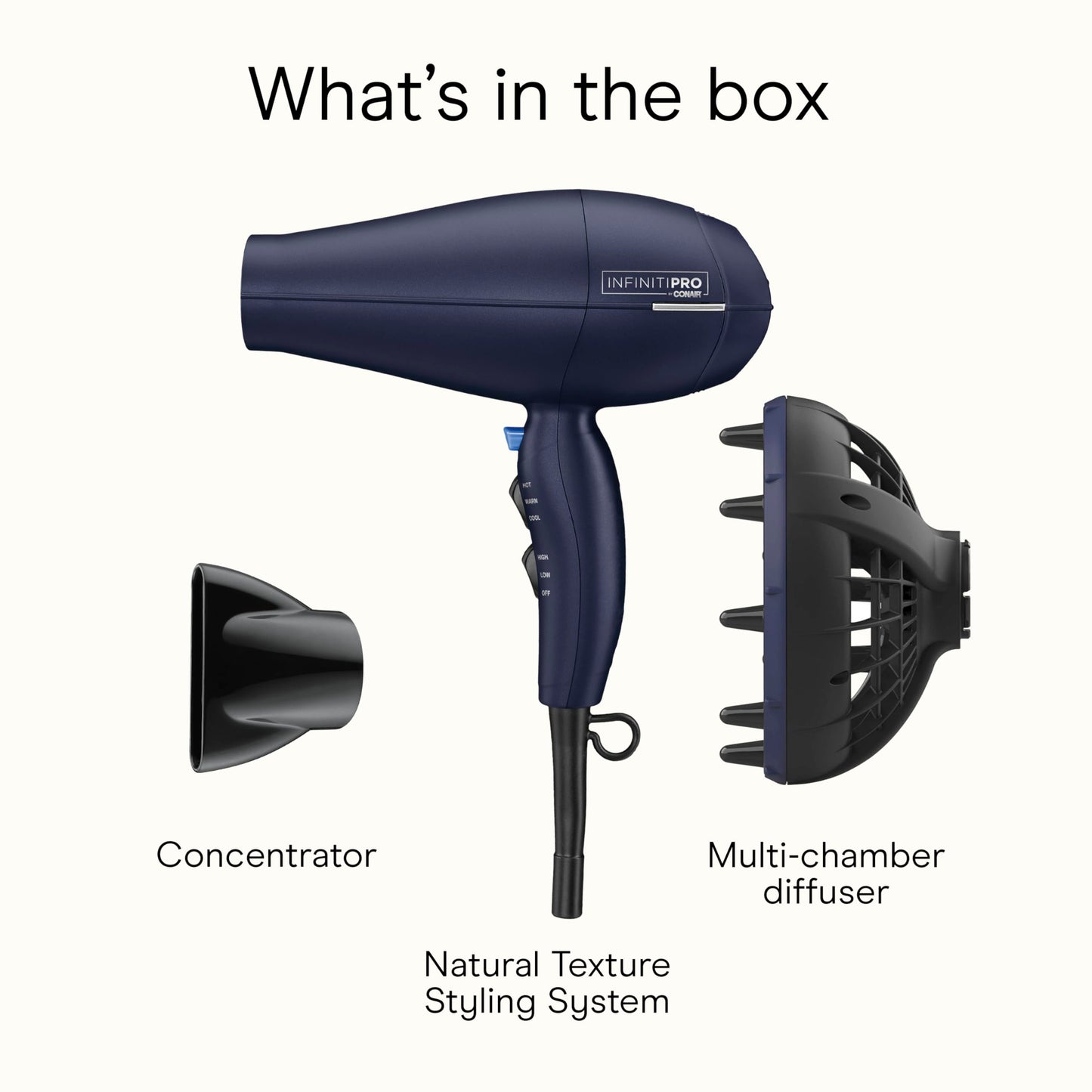 INFINITI PRO CONAIR Hair Dryer with Innovative Diffuser, Enhances Curls and Waves While Reducing Frizz, Dark Blue
