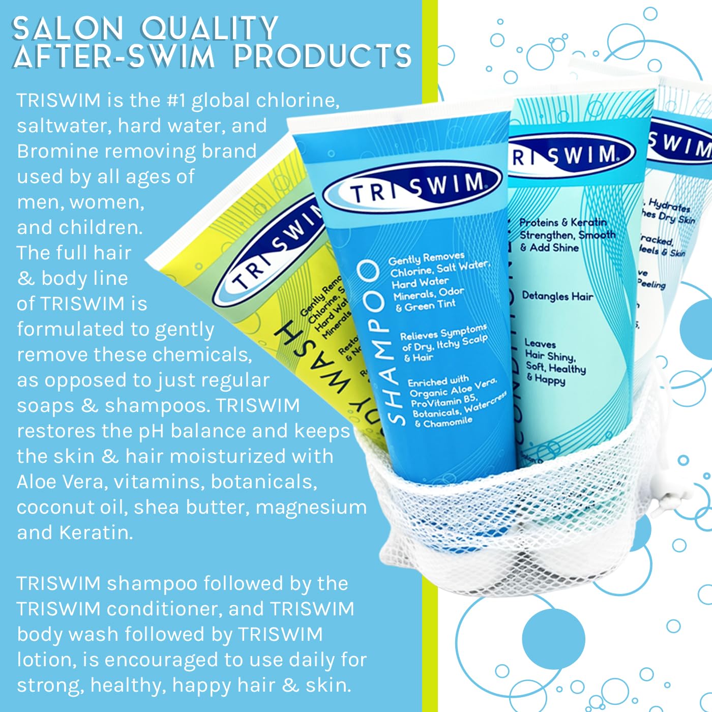 TRISWIM Pack of 4 Swim Care Set | Chlorine Removal Shampoo, Conditioner, Body Wash & Lotion, 8.5 fl oz Each | Removes Chlorine from Hair & Skin |