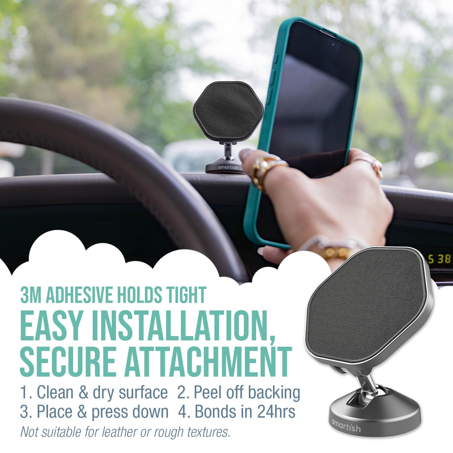 Smartish® MagSafe Mountaineer Car Mount - Compatible w/Apple iPhone 17/16/15/14/13 - Magnetic Stick on Adhesive Phone Holder - Extra Strength Magnet…