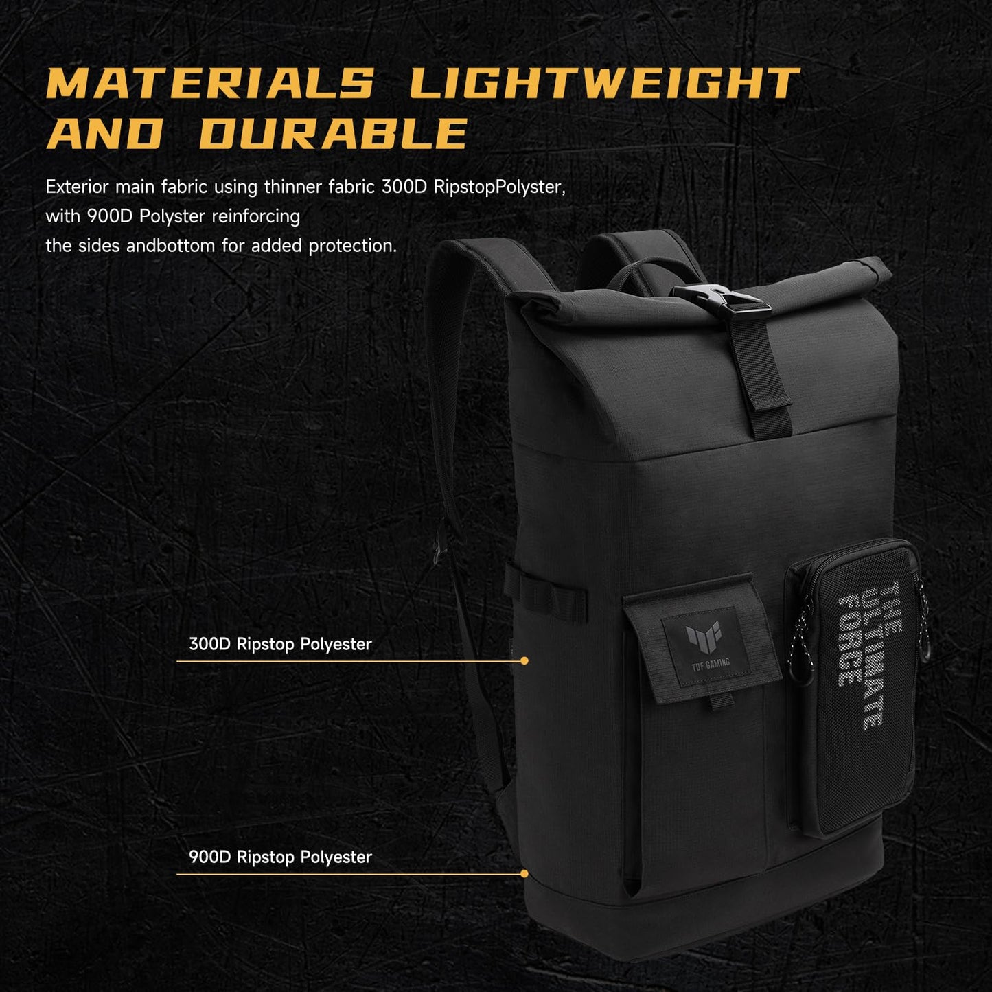 ASUS TUF Gaming VP4700 Backpack, up to 17" laptop, with top folded closure to resize, light weight and durable water repellent for daily usage