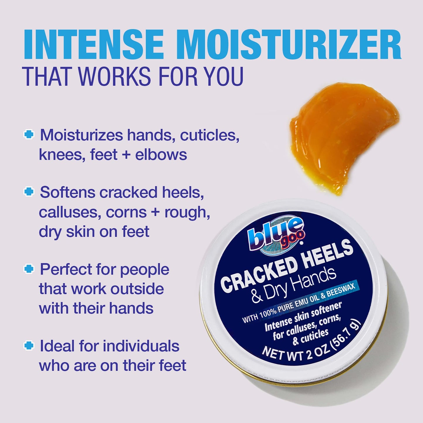 Blue Goo CRACKED HEELS & DRY HANDS Skin Softener for Dry Feet, Hands, Hydrating and Smoothing, Moisturizer, Dryness Relief, 2 Ounce, made with 100%
