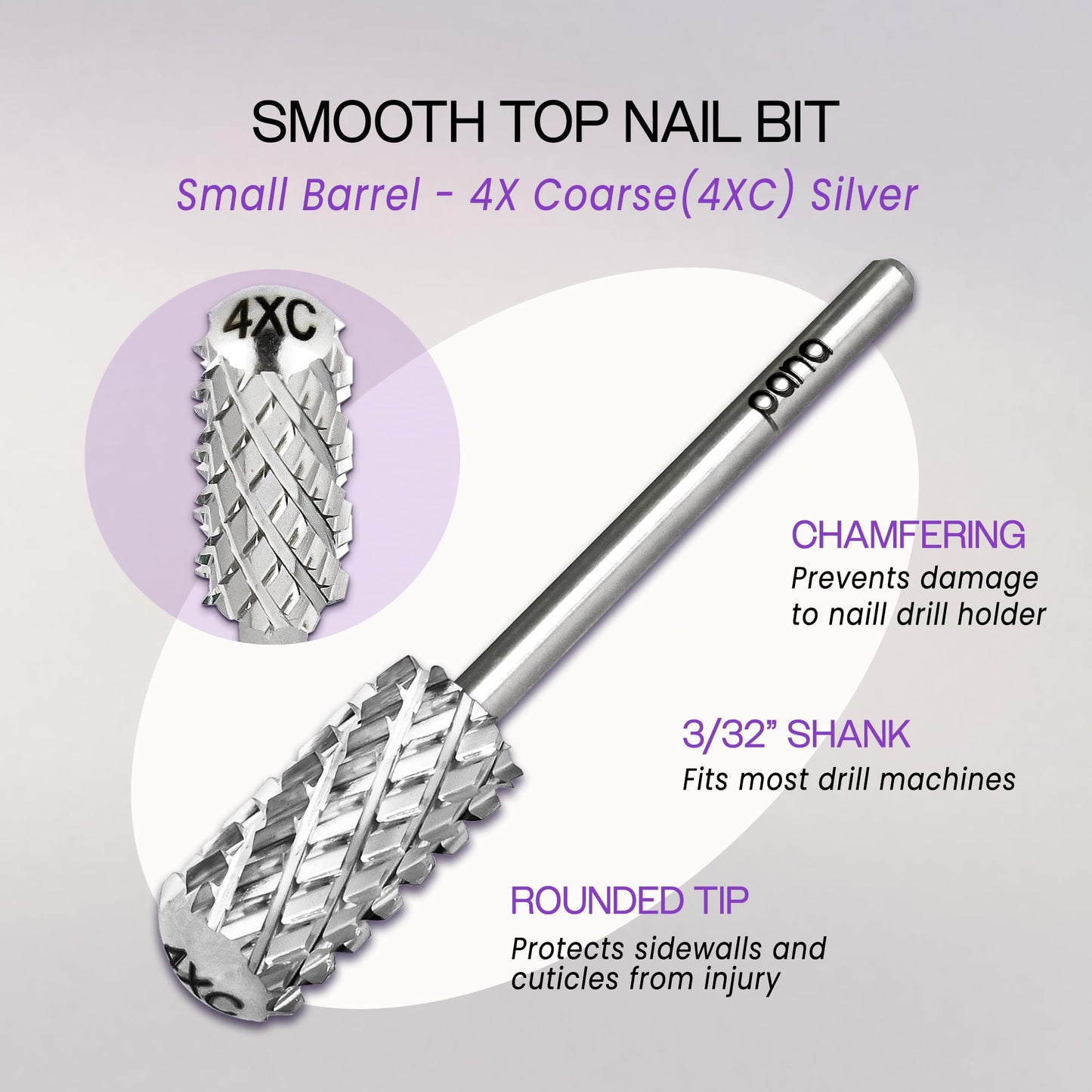 PANA 3/32" Small Barrel Smooth Top Silver Carbide Nail Drill Bit for Manicure, Pedicure and Acrylics (Grit: 4X Extra Coarse - 4XC, 1pc)
