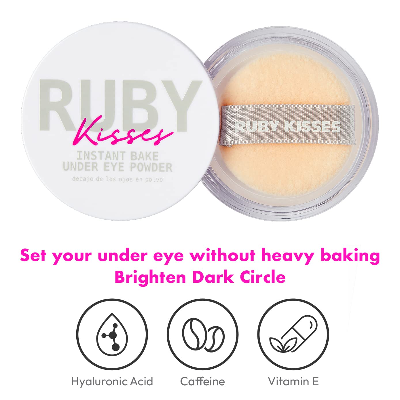 Ruby Kisses Instant Bake Undereye Powder - Vegan, Cruelty Free Powder for Brightening Eyes and Smudge-Free Makeup (Translucent)