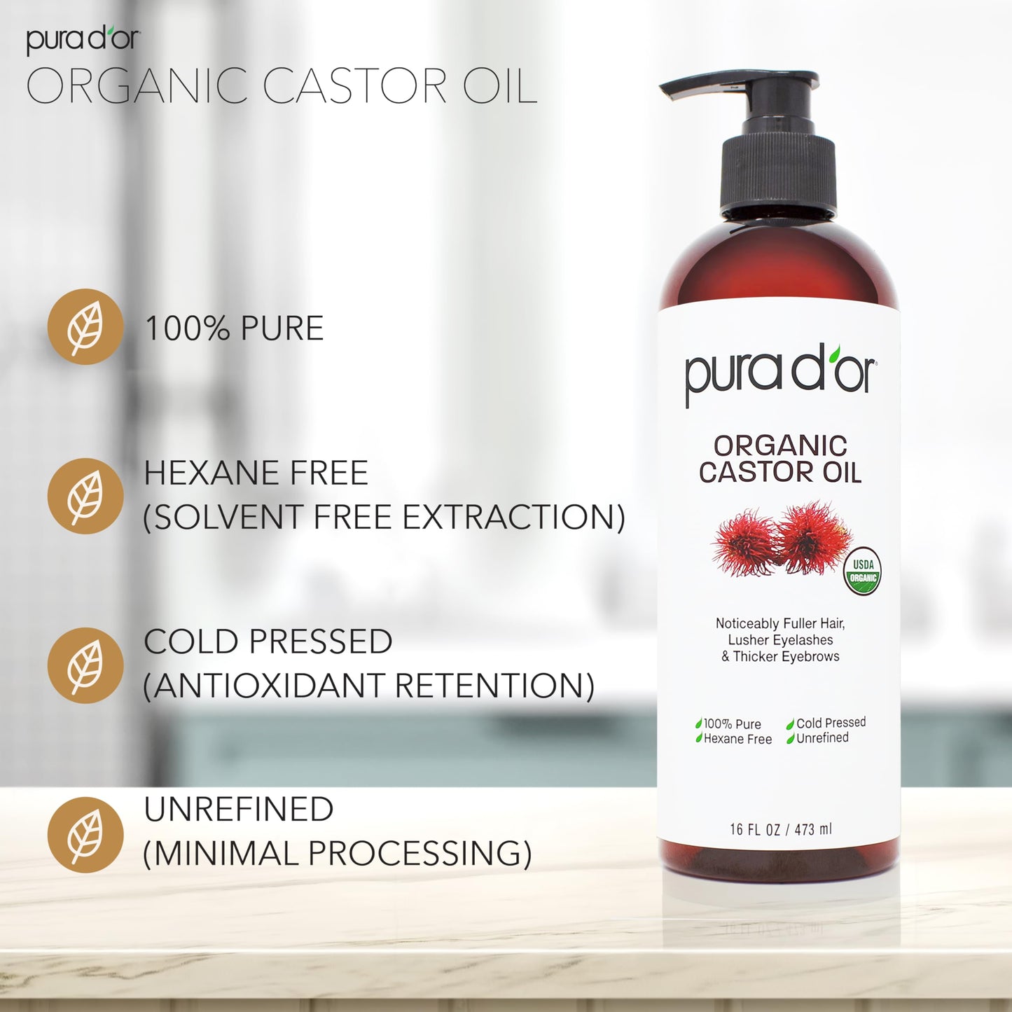 PURA D'OR ORGANIC Castor Oil (16 Oz) Pure Cold-Pressed Hexane-Free USDA Certified