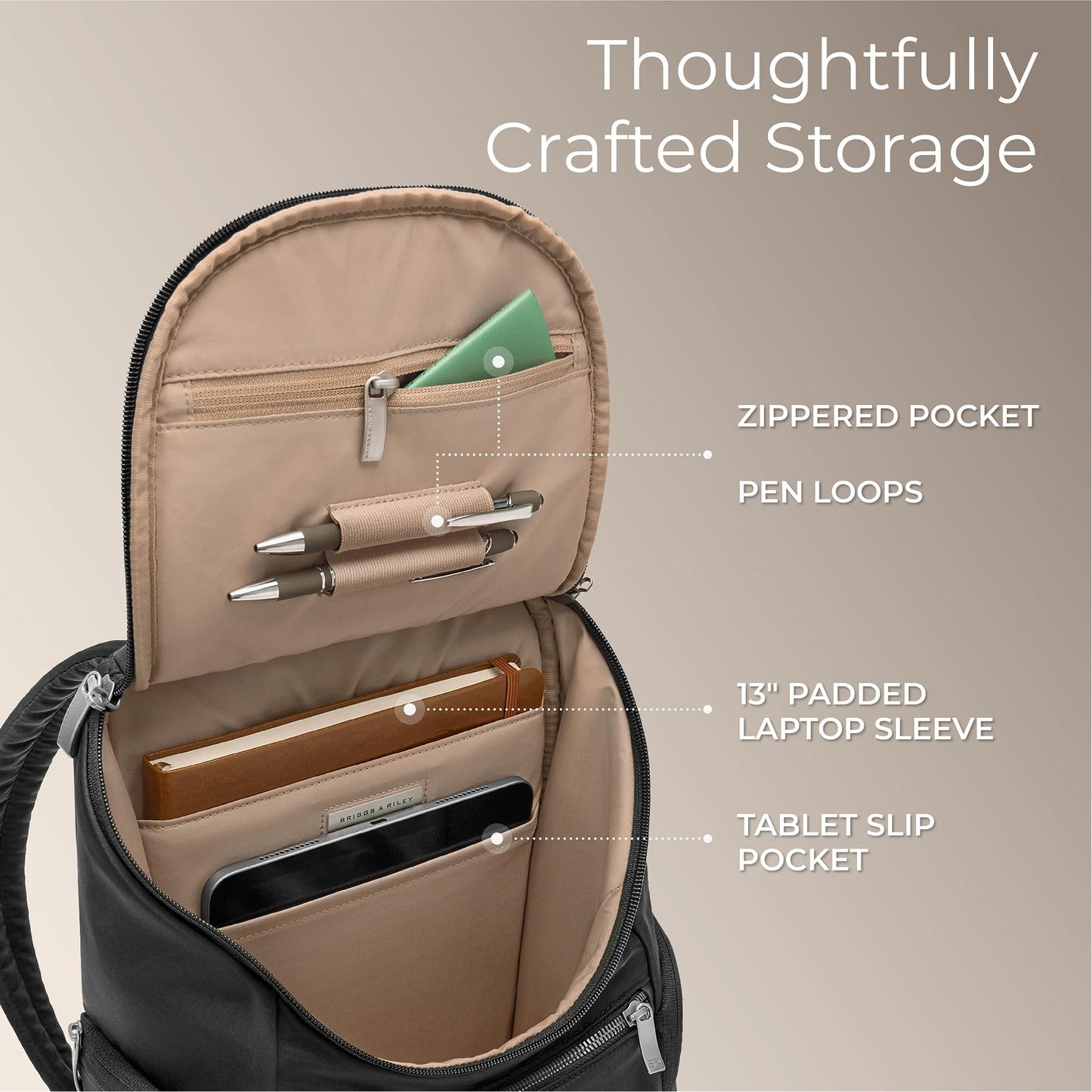 Briggs & Riley U-Zip Backpack - Daypack for Work, Personal Item Travel Bag, Carry On Size, Lightweight & Durable, Padded Straps, Fits up to 13" Laptop - Rhapsody Collection, Black