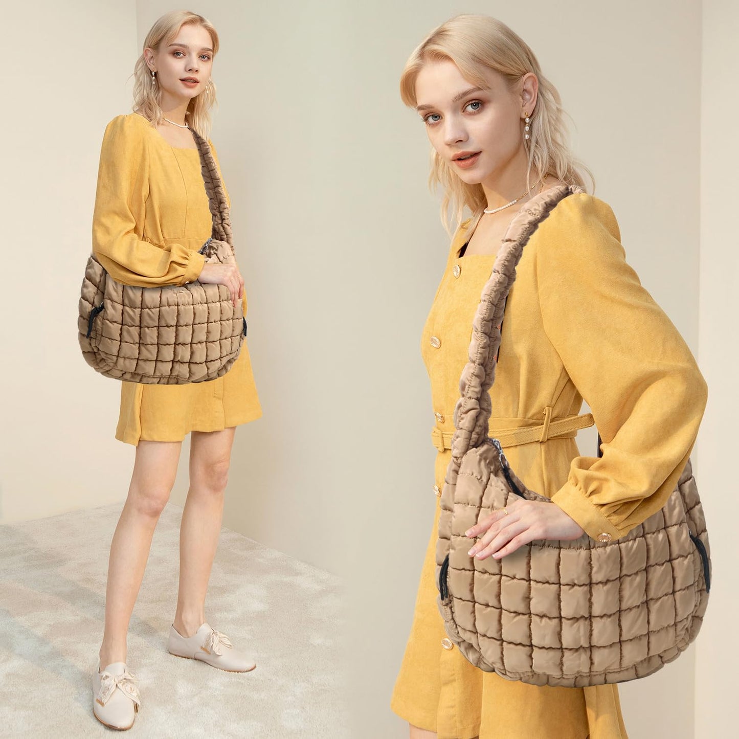 Puffer Tote Bag Large Puffy Quilted Soft Quilted Crossbody Bag Carryall Hobo Handbags for Women Girl (Khaki)