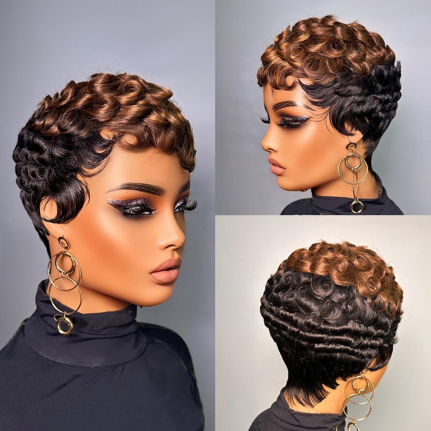 VRZ Short Curly Pixie Cut Wig Human Hair for Black Women Pixie Cut Kinky Curly Bob Glueless Half Wigs 150% Density Natural Black Color 1B# Beauty and Personal Care VRZ Default Title