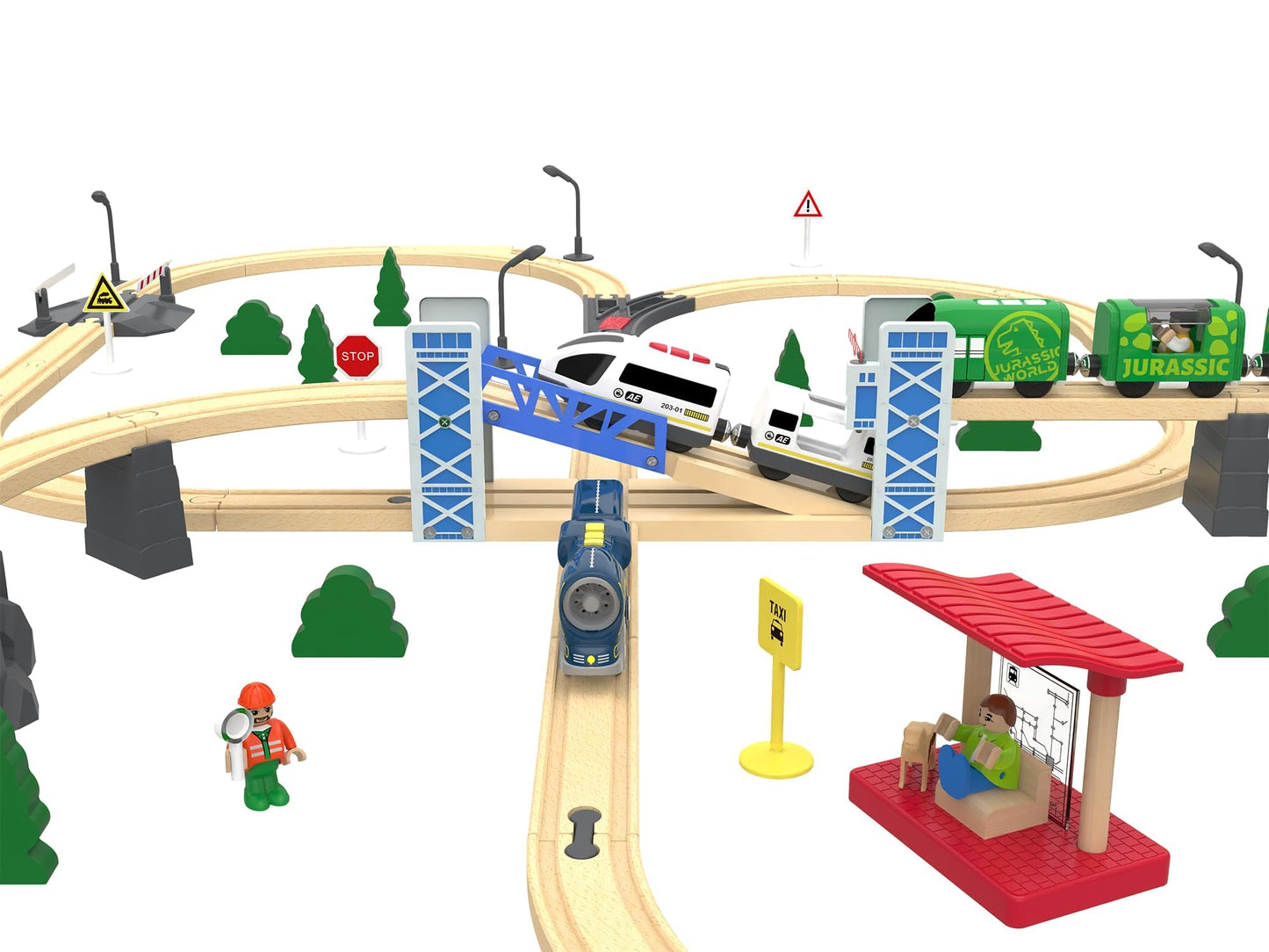 Z MAYABBO Wooden Train Set Accessories Wood Railway Bridge for Railroad Tracks, 2-Level Overpass Compatible for All Railway Tracks System