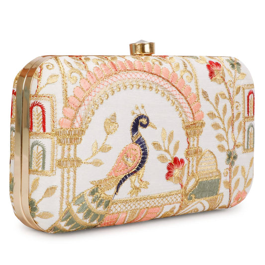 LONGING TO BUY Hand Crafted Designer Box Clutch For Women, Zari Embroidery Hand Clutch For Women (Cream-2)