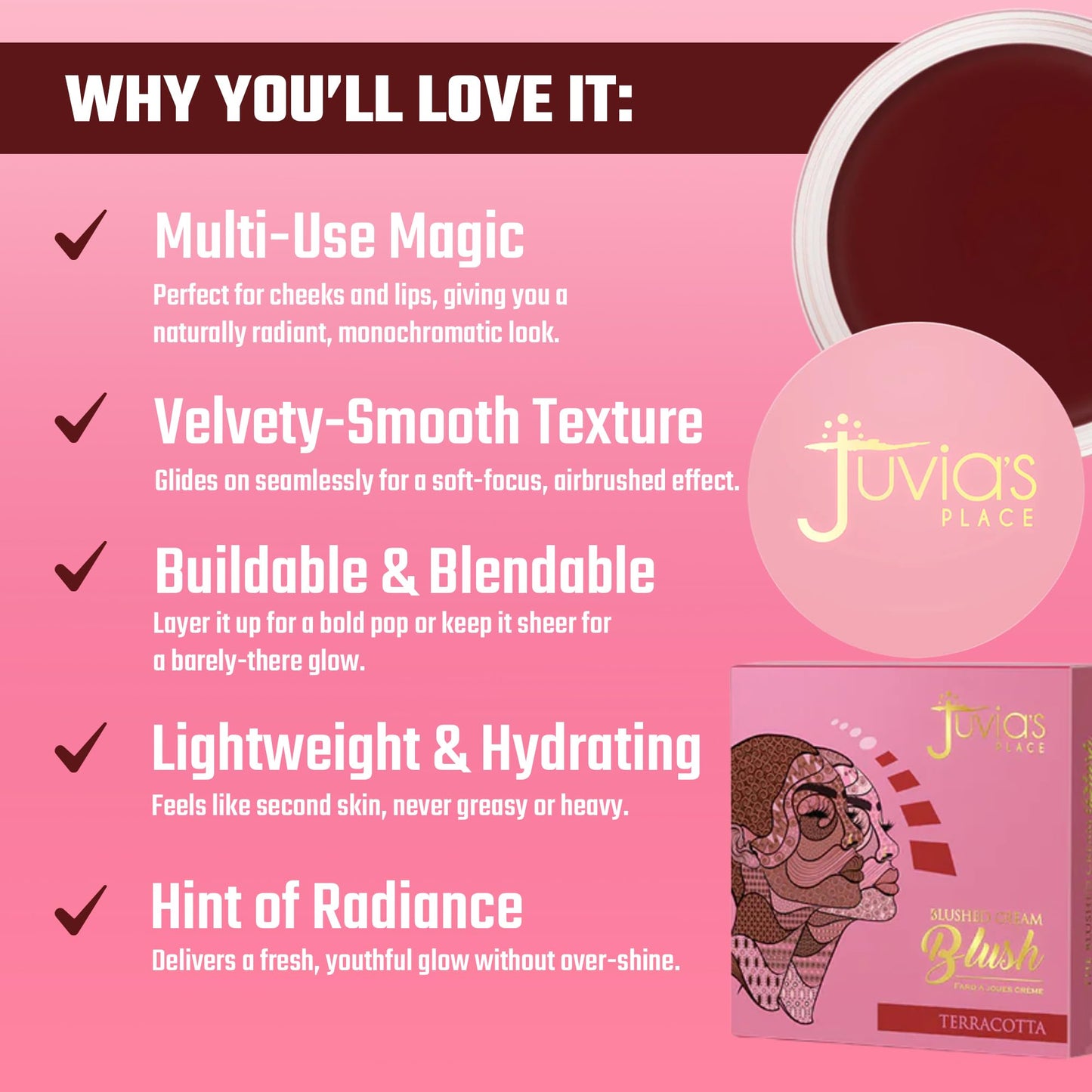 Juvia's Place Blushed Cream Blush - Terracotta - Multi-Purpose Cream Blush for Cheeks & Lips - 2in1 Formula, Smooth, Blendable Texture for a Soft Dewy