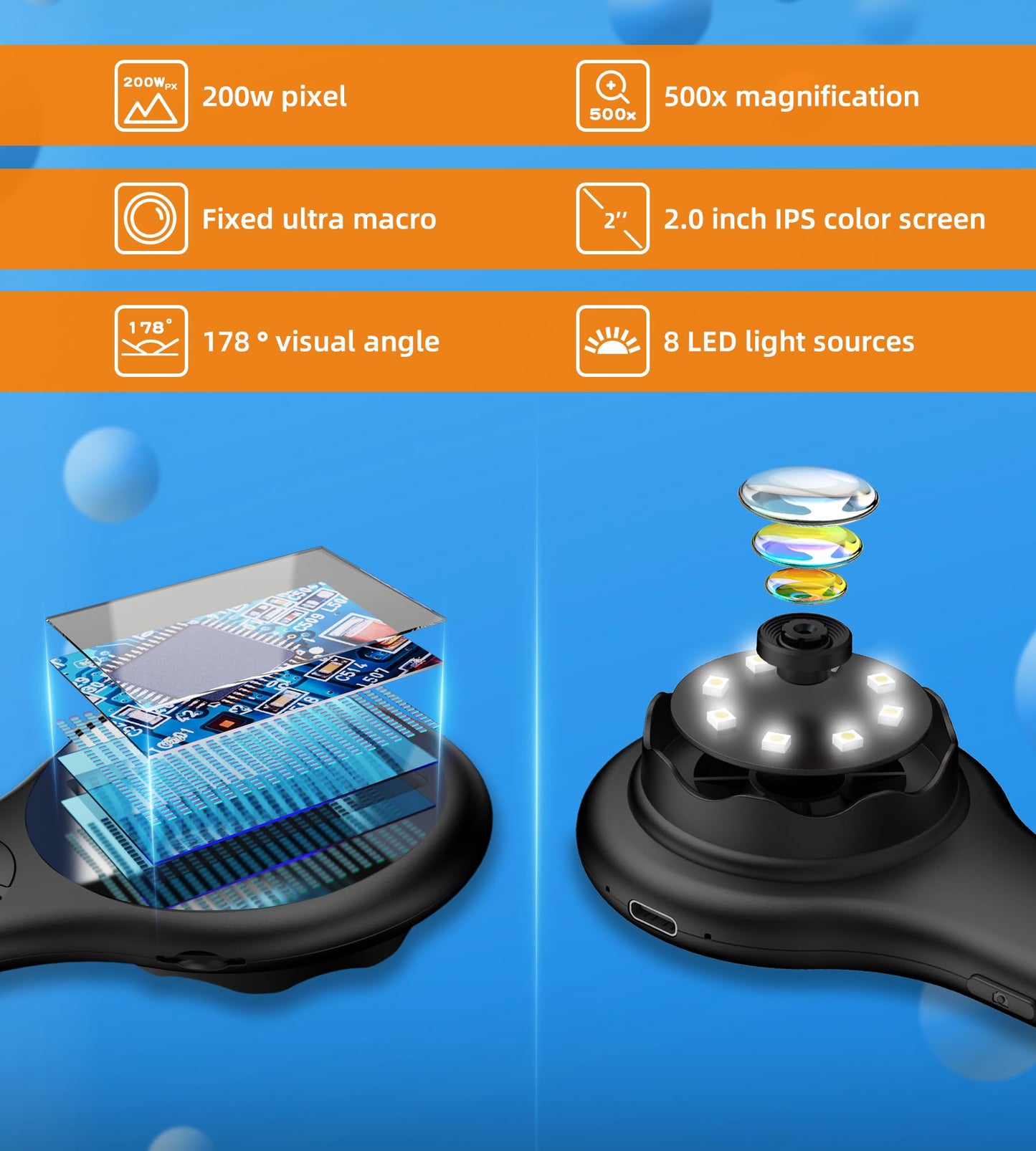 T TAKMLY Kids Microscope – Handheld Digital Science Kit with 500x Magnification, 4X Zoom, Educational Learning Toy Camera, Blue