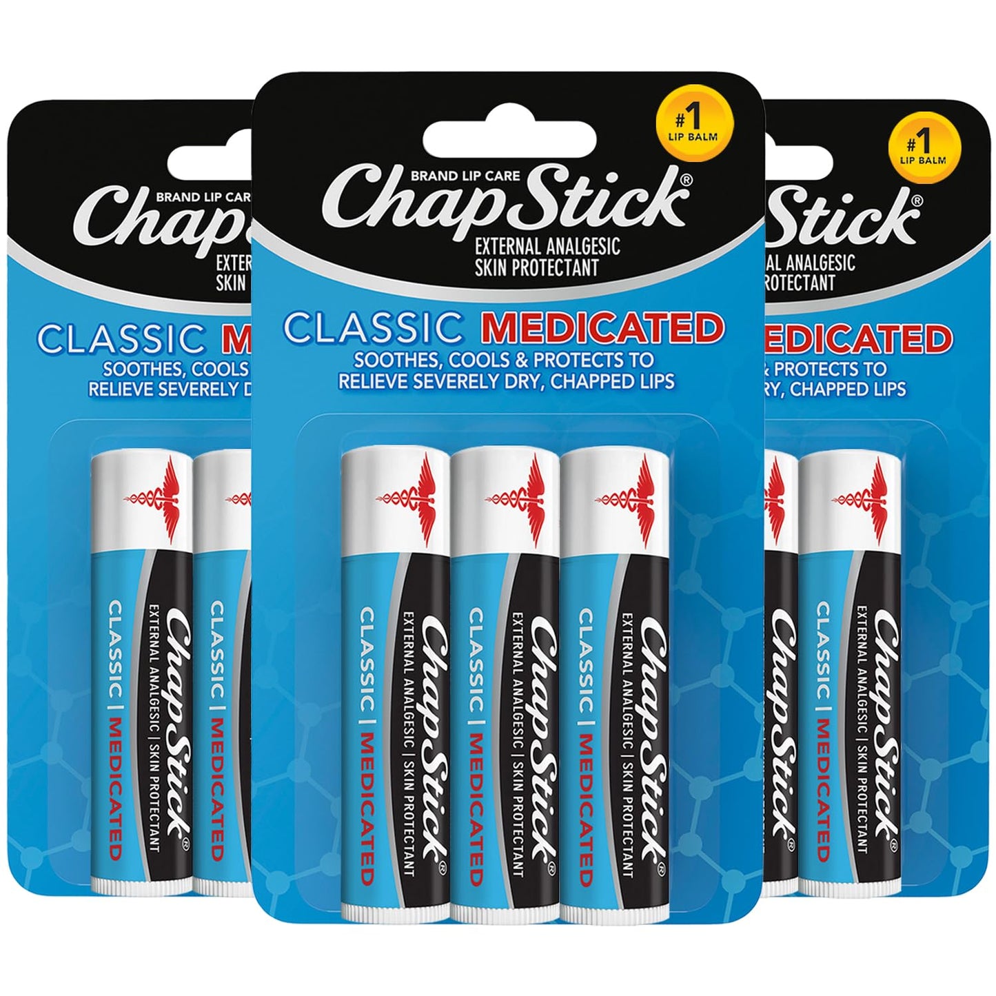 ChapStick Classic Medicated 3-Pack (3 Sets/9 Tubes) - Moisturizing Lip Balm, Dry Lips & Cold Sore Pain Relief Bundle, 0.15 Oz Ea