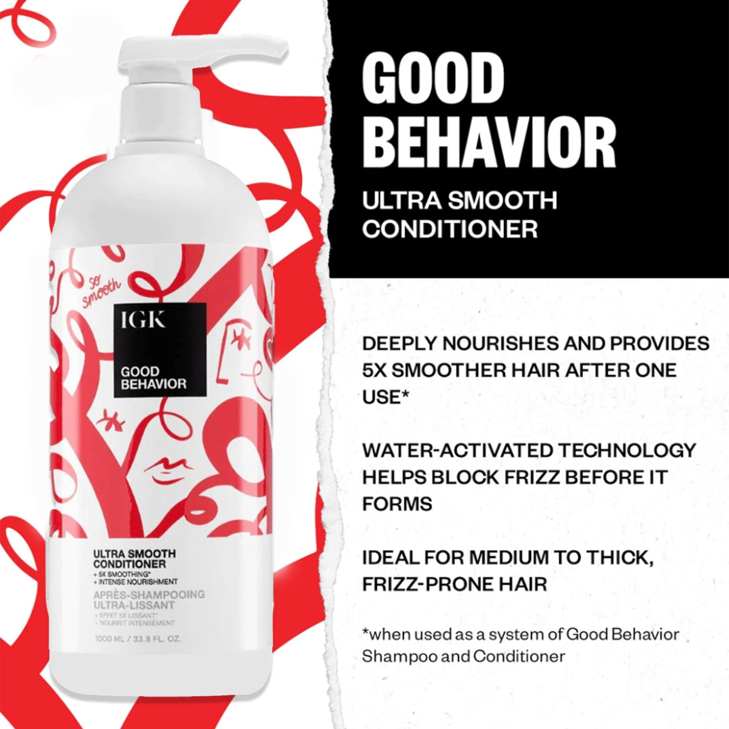 IGK GOOD BEHAVIOR Ultra Smooth Shampoo & Conditioner Set | Frizz Control + Shine | Vegan + Cruelty-Free | 33.8 oz (Pack of 2)