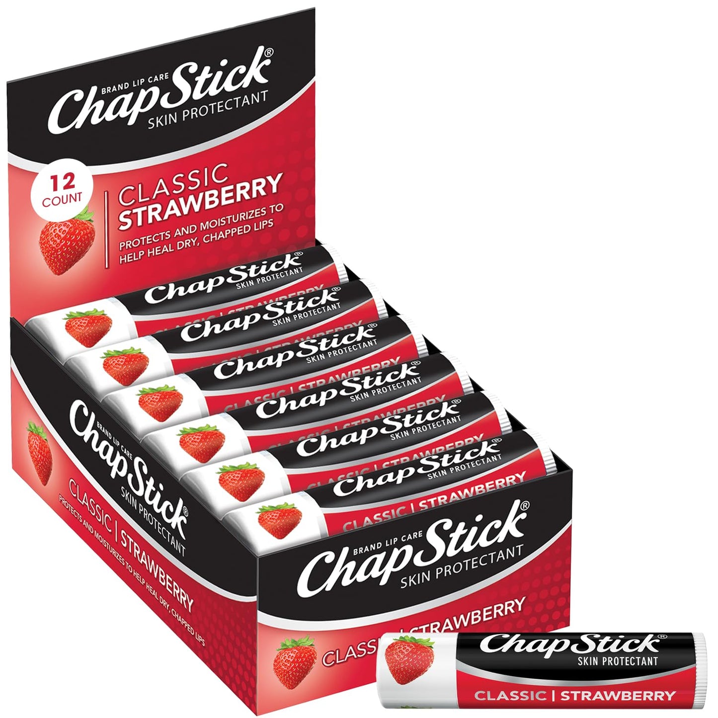 ChapStick Lip Care, Classic Strawberry 12-Count - Bulk Lip Balm, Fruity & Sweet, 0.15 Oz Ea