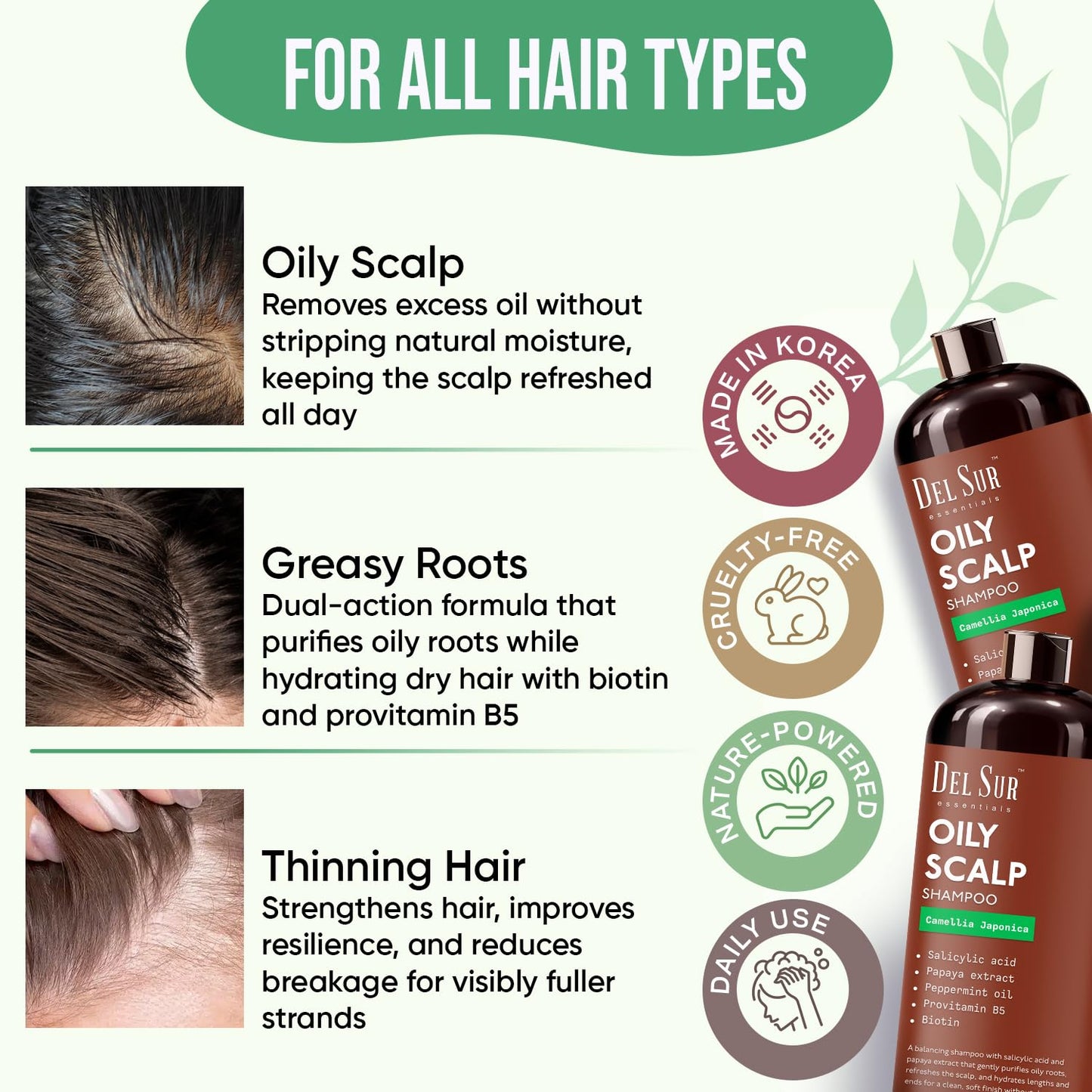 DEL SUR Clarifying Shampoo and Conditioner Set for Oily Hair | 16 fl oz | with Camellia Japonica, Salicylic Acid, Papaya & Biotin | Scalp Oil Control