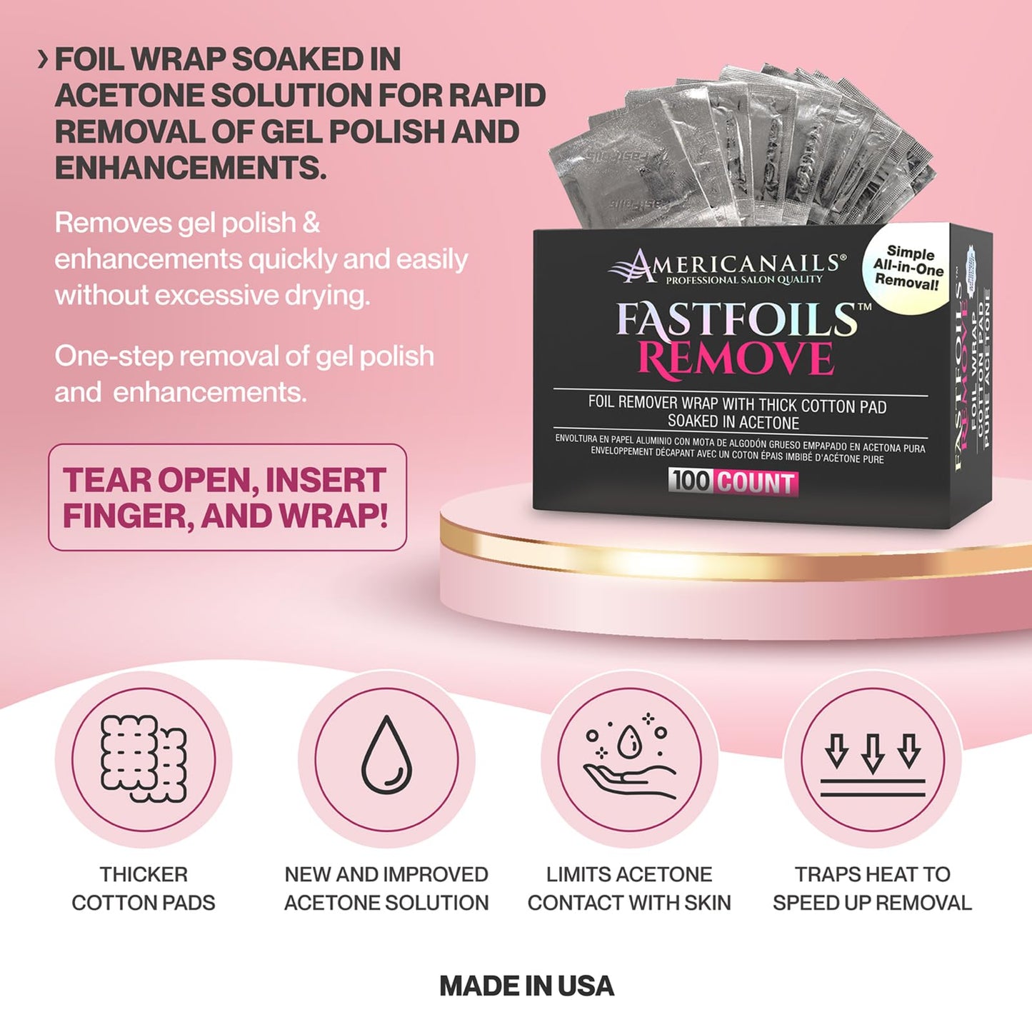 Americanails FastFoils 100 ct, One Step Gel Polish Foil Remover Wraps, All-In-One Foil Remover With Thick Cotton Pad & Pure Acetone, Remove Nail