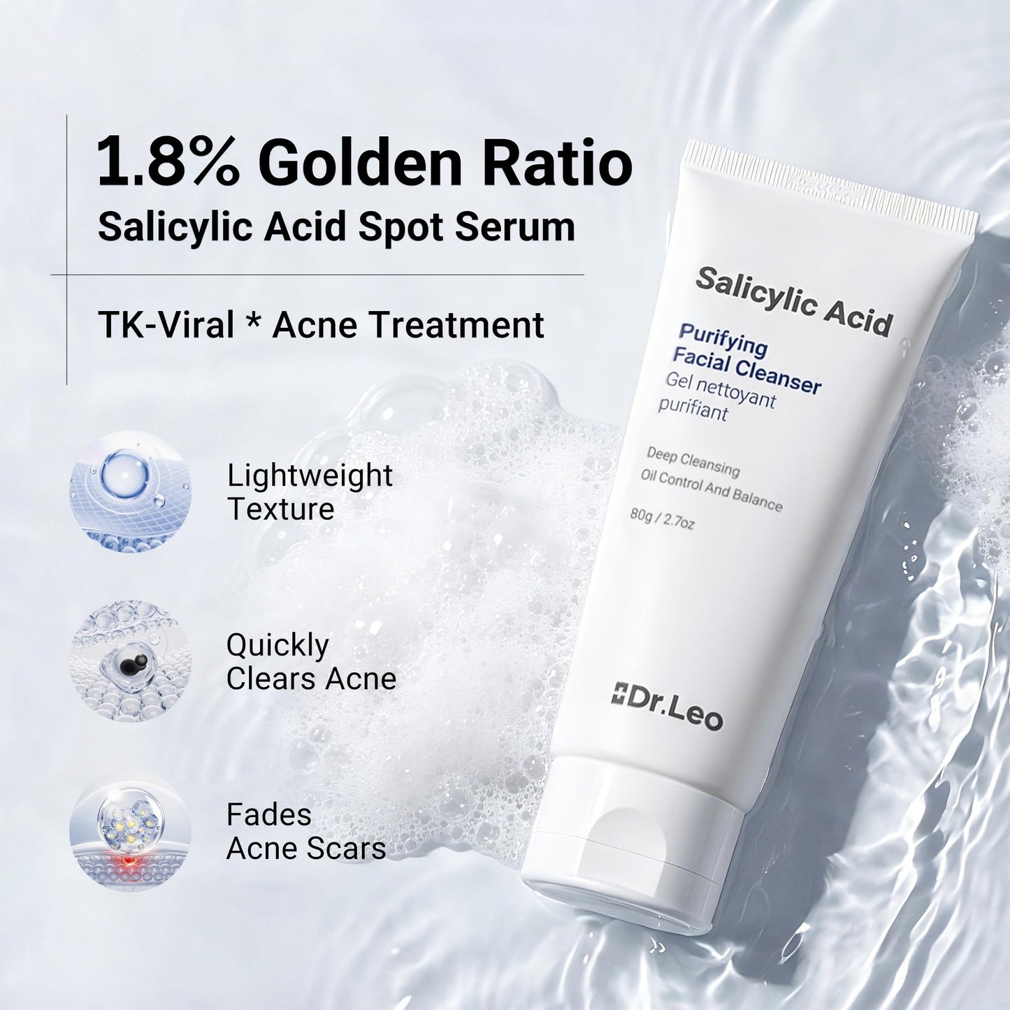 Dr.leo Salicylic Acid Cleanser, Acne Face Wash for Oily Skin - Daily Oil Control, Gentle Plant Extracts, 8 Amino Acids, Deep Cleans Minimizes Pores