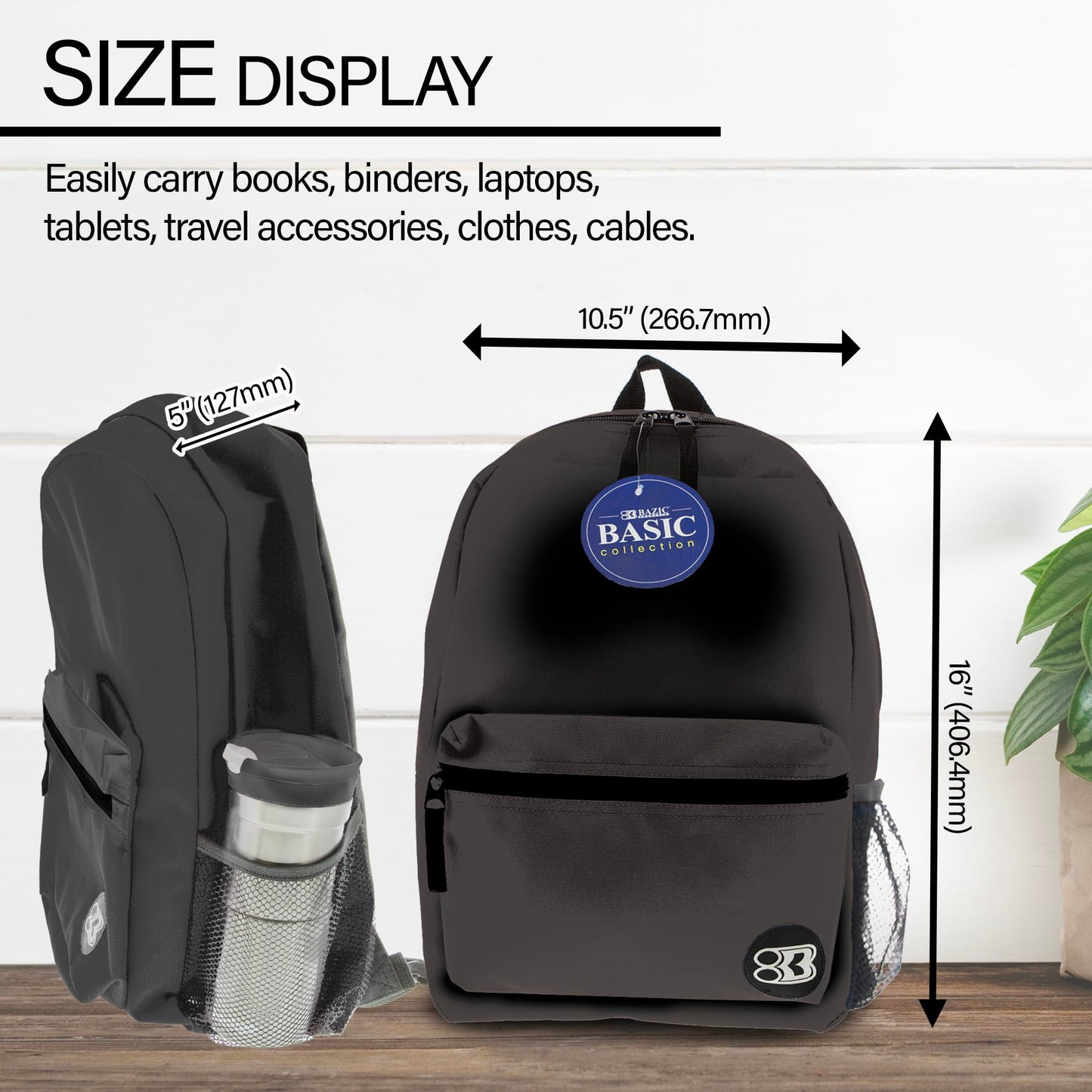 BAZIC School Backpack 16" Black, Lightweight School Bag Padded Back & Adjustable Strap for Students, Travel Bag Fit A4 Notebook, 1-Pack