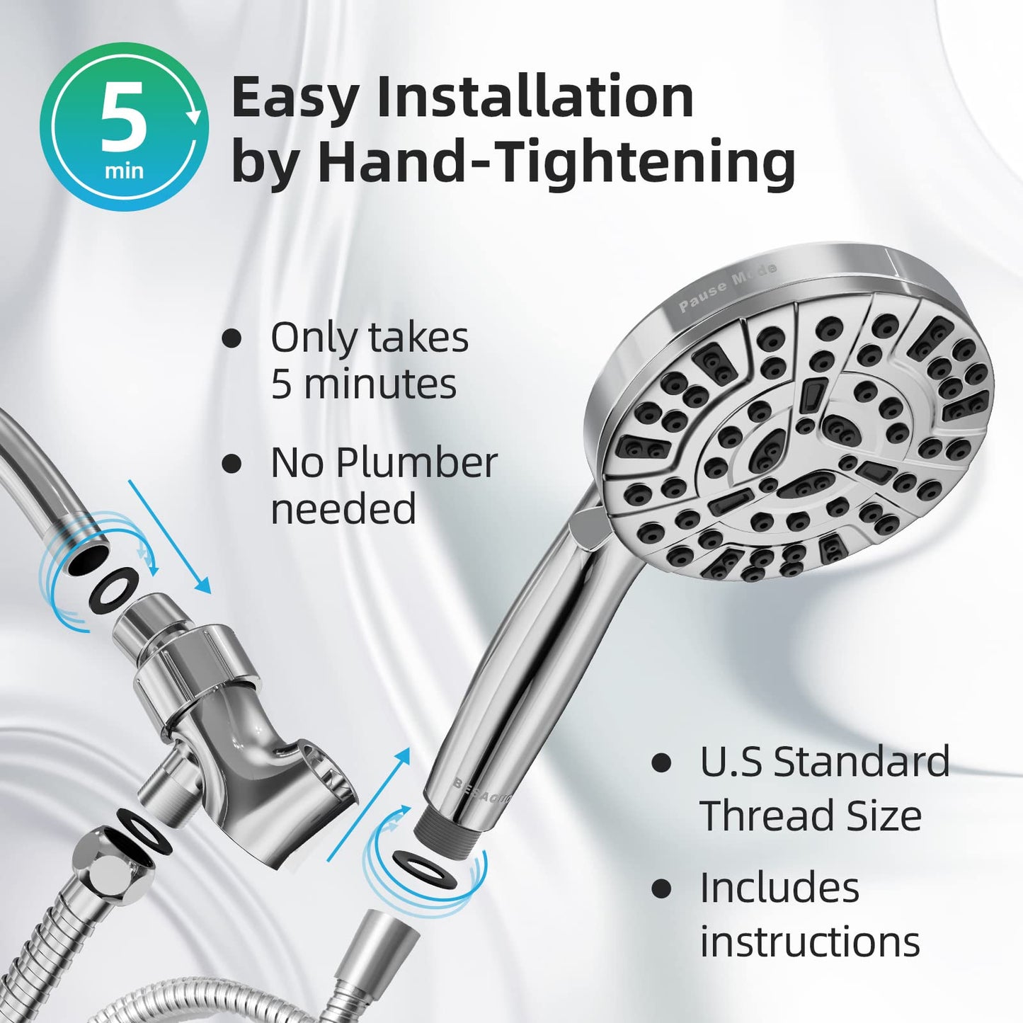BESAQUO High Pressure Handheld Shower Head – 10 Functions, Pause Mode, Power Wash, 6.5ft Hose & Metal Bracket, Leakproof