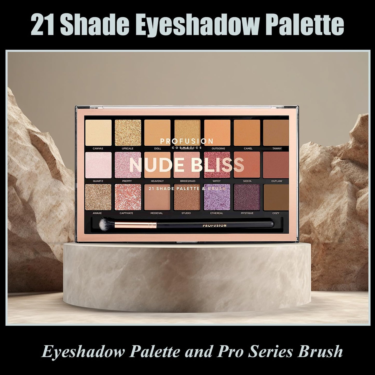 Profusion Cosmetics Nude Bliss 21 Shade Eyeshadow Palette and Pro Series Brush, Unleash Creativity and Get Glam With Richly Pigmented Eyeshadow…