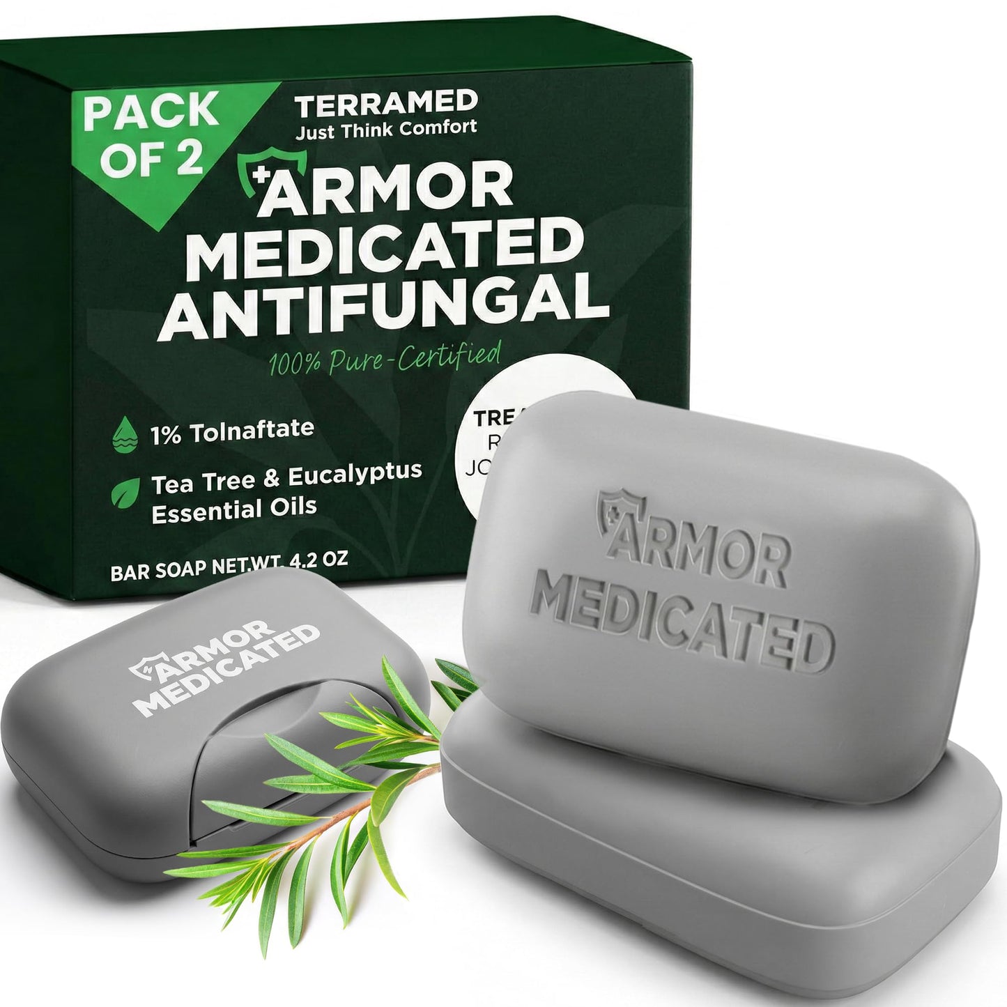Antifungal Soap | Medicated Jock Itch Treatment, Fights Ringworm & Athlete's Foot | Soothing Tea Tree & Eucalyptus | 1% Tolnaftate for Effective Beauty and Personal Care Terramed Just Think Comfort